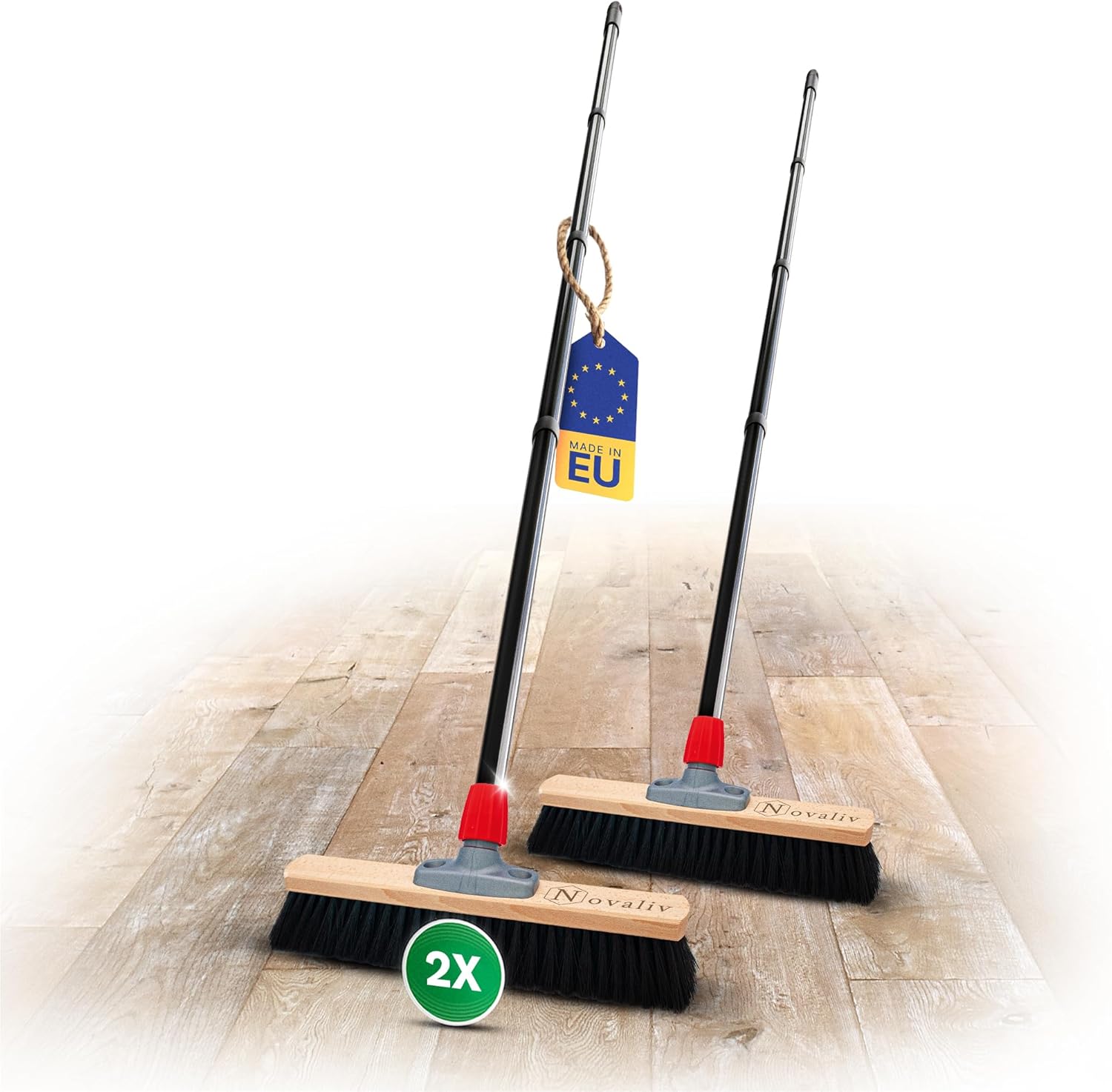 Novaliv 2X Saalbesen 40 cm mit Stiel Borsten Rosshaarbesen Besen fein Ideal als Werkstattbesen mit Stiel Hallenbesen Industriebesen Hausbesen Kehrbesen Zimmerbesen Haarbesen Stubenbesen Besen weich 