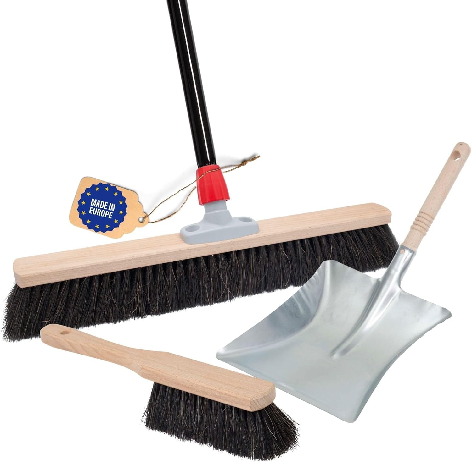 Novaliv Besen 50 cm mit Stiel Saalbesen Rosshaarbesen inkl. Kehrgarnitur verzinkt bestehend aus Kehrblech und Handfeger Besen fein Ideal als Werkstattbesen Hallenbesen Hausbesen mit Stiel 