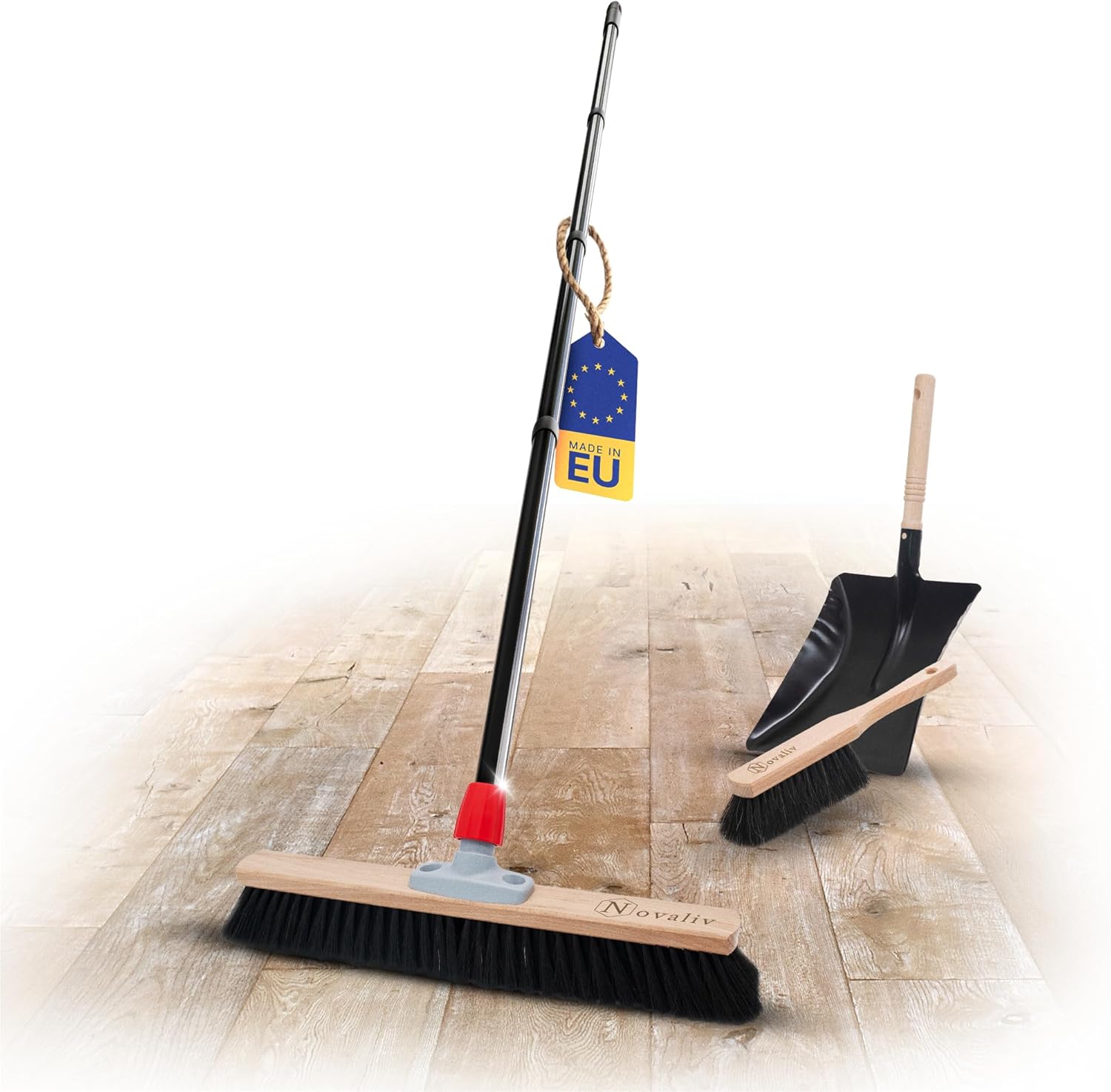 Novaliv Grosser Besen Saalbesen 60 cm mit Stiel Borsten Rosshaarbesen inkl. Kehrgarnitur schwarz bestehend aus Kehrblech und Handfeger Besen fein Werkstattbesen Hallenbesen mit Stiel Industriebesen 
