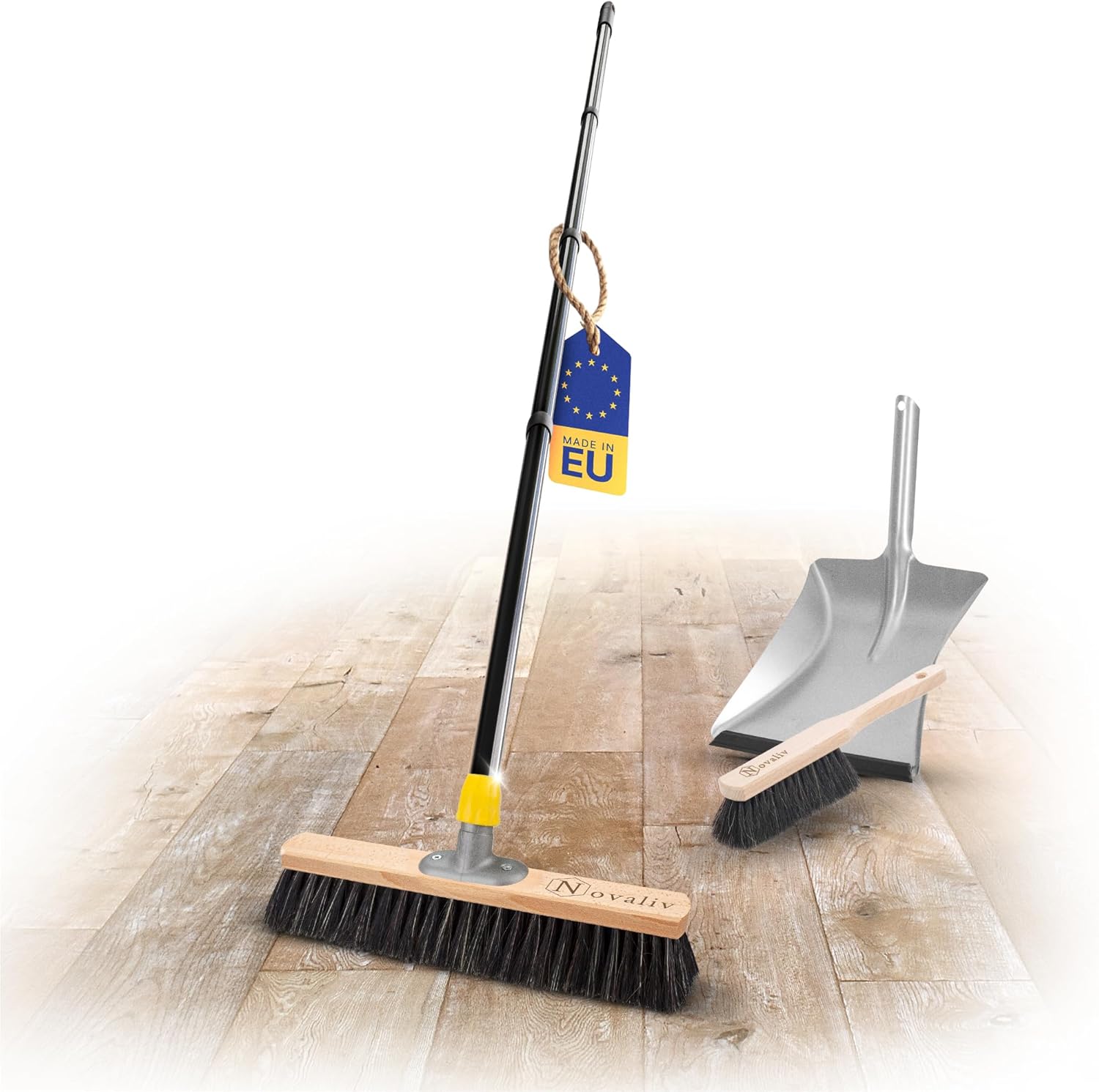 Novaliv Saalbesen 40 cm mit Stiel Borsten Haarmischung inkl. Kehrgarnitur verzinkt mit Gummilippe bestehend aus Kehrblech und Handfeger Besen fein Ideal als Werkstattbesen Industriebesen mit Stiel 