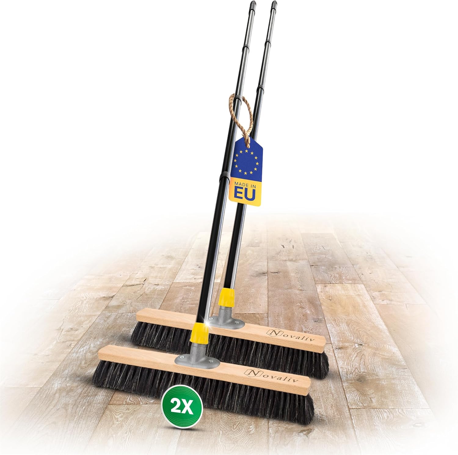 Novaliv 2X Saalbesen 50 cm mit Stiel Borsten Haarmischung Besen fein Ideal als Werkstattbesen mit Stiel Hallenbesen Industriebesen Hausbesen Kehrbesen Zimmerbesen Haarbesen Terassenbesen Besen weich 