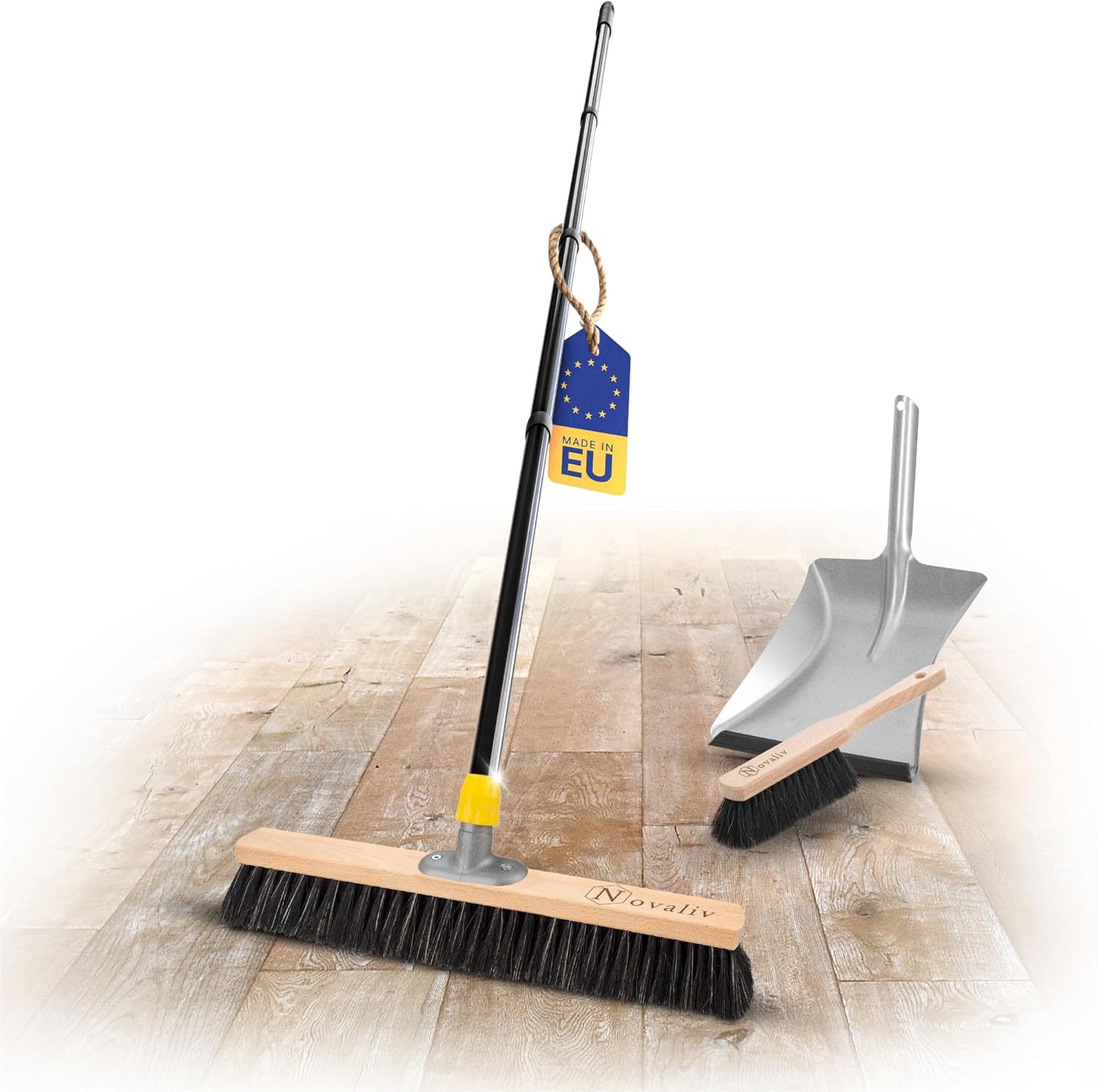 Novaliv Saalbesen 50 cm mit Stiel Borsten Haarmischung inkl. Kehrgarnitur verzinkt mit Gummilippe bestehend aus Kehrblech und Handfeger Besen fein Ideal als Werkstattbesen Industriebesen mit Stiel 