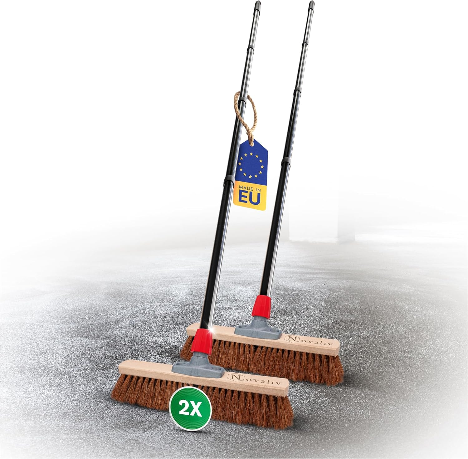 Novaliv 2X Kokosbesen 40 cm mit Stiel Kokosborsten Besen Naturborsten Ideal als Werkstattbesen mit Stiel Hallenbesen Industriebesen Hausbesen Kehrbesen Malerbesen Haarbesen Terassenbesen Besen weich 