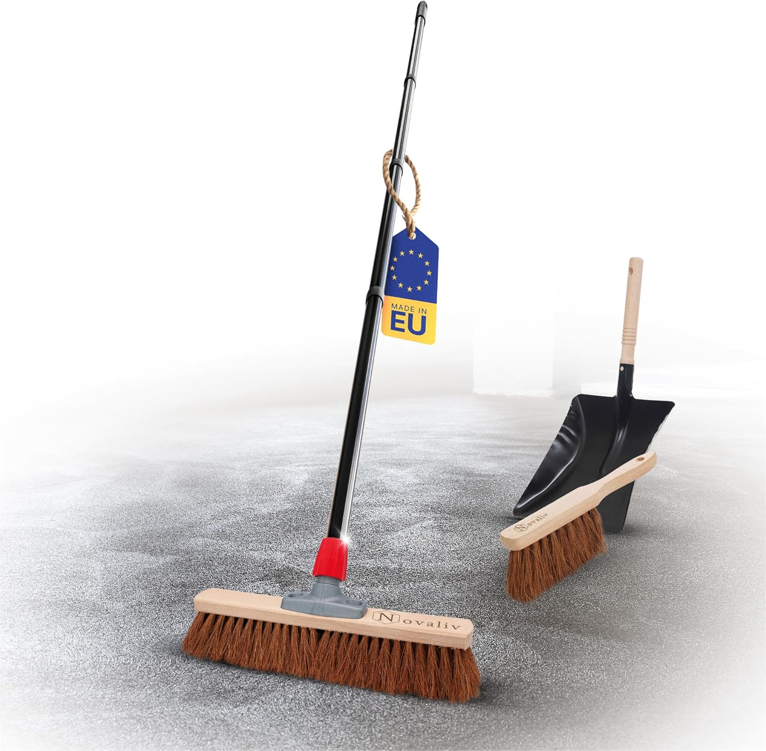 Novaliv Kokosbesen Besen mit Stiel 40 cm Kokosborsten inkl. Kehrgarnitur schwarz bestehend aus Kehrblech und Handfeger Besen Naturborsten Ideal als Werkstattbesen Hallenbesen mit Stiel Industriebesen 
