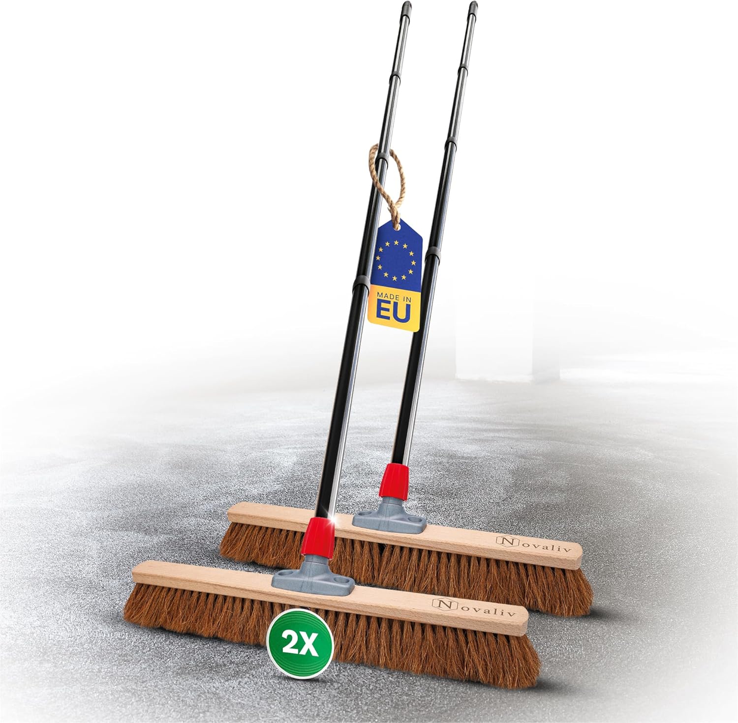 Novaliv 2X Kokosbesen 60 cm mit Stiel Kokosborsten Besen Naturborsten Ideal als Werkstattbesen mit Stiel Hallenbesen Industriebesen Hausbesen Kehrbesen Malerbesen Haarbesen Terassenbesen Besen weich 