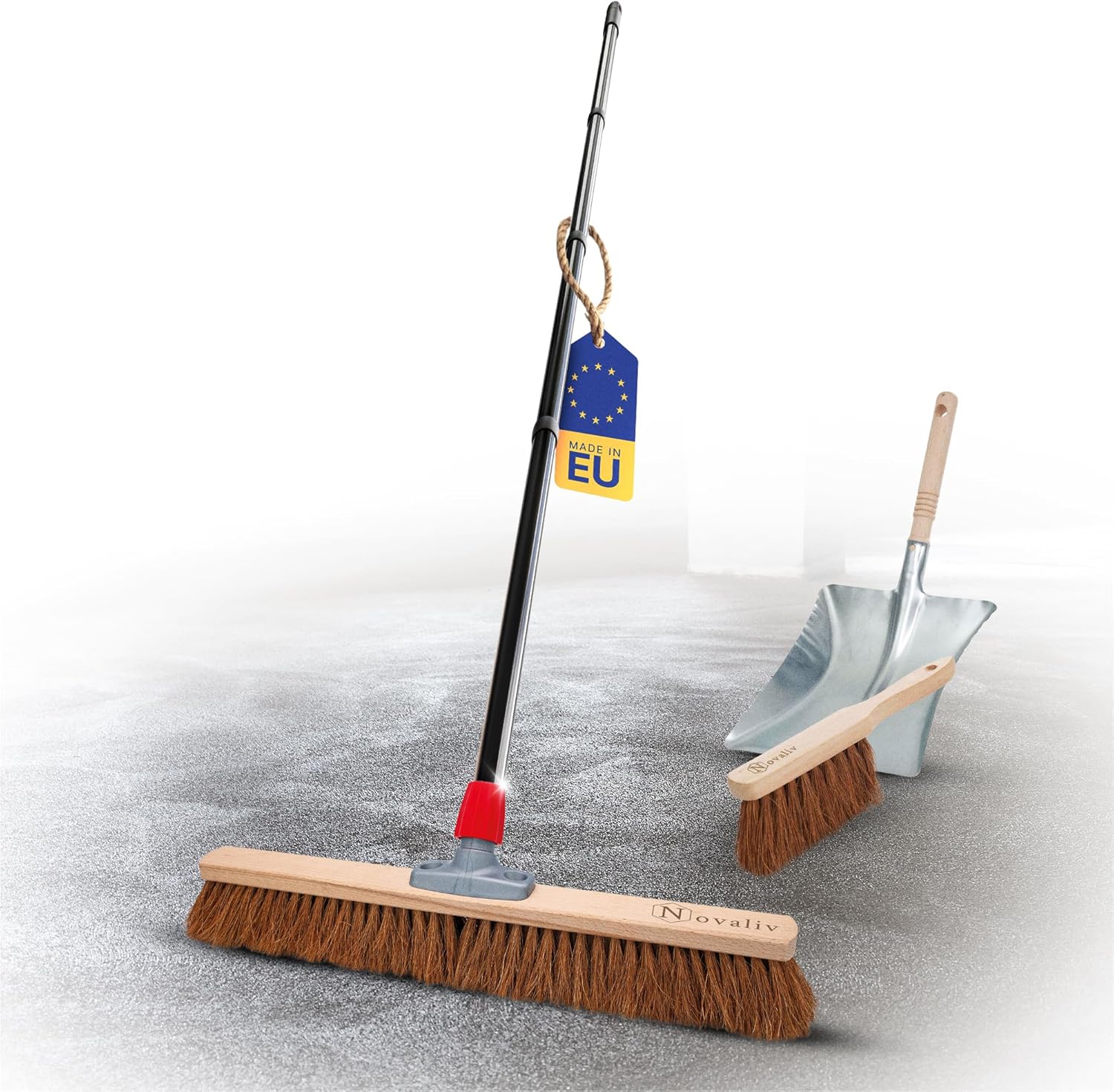 Novaliv Besen 60 cm mit Stiel Kokosbesen Haarmischung inkl. Kehrgarnitur verzinkt bestehend aus Kehrblech und Handfeger Besen Naturborsten Ideal als Werkstattbesen Hallenbesen Hausbesen mit Stiel 
