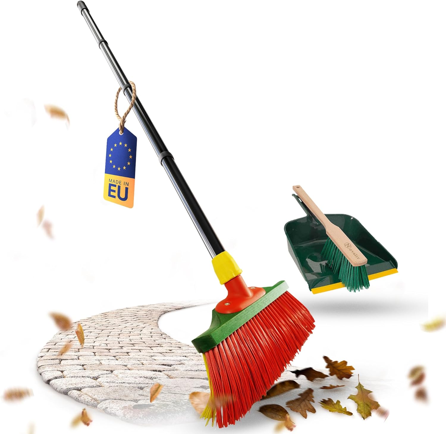 Novaliv Krallenbesen mit Stiel 30cm inkl. Kehrgarnitur Outdoor , Spezialbesen gebogenen Borsten Borsten Rot Gelb -Ideal als Gartenbesen , Kratzbesen , Kunstrasen Besen , Optimal f&uuml;r Camping 