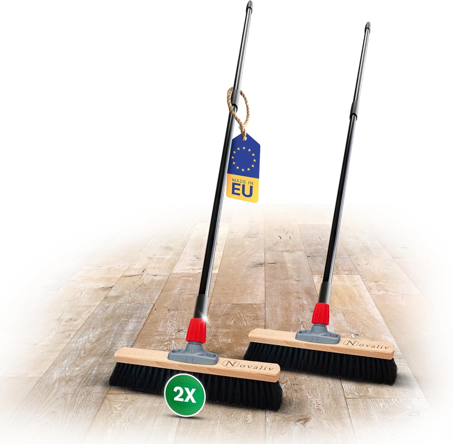 Novaliv 2X Saalbesen 40 cm mit Teleskopstiel Borsten Kunstborsten Besen fein Werkstattbesen mit Stiel Hallenbesen Industriebesen Hausbesen Kehrbesen Zimmerbesen Haarbesen Terassenbesen Besen weich 