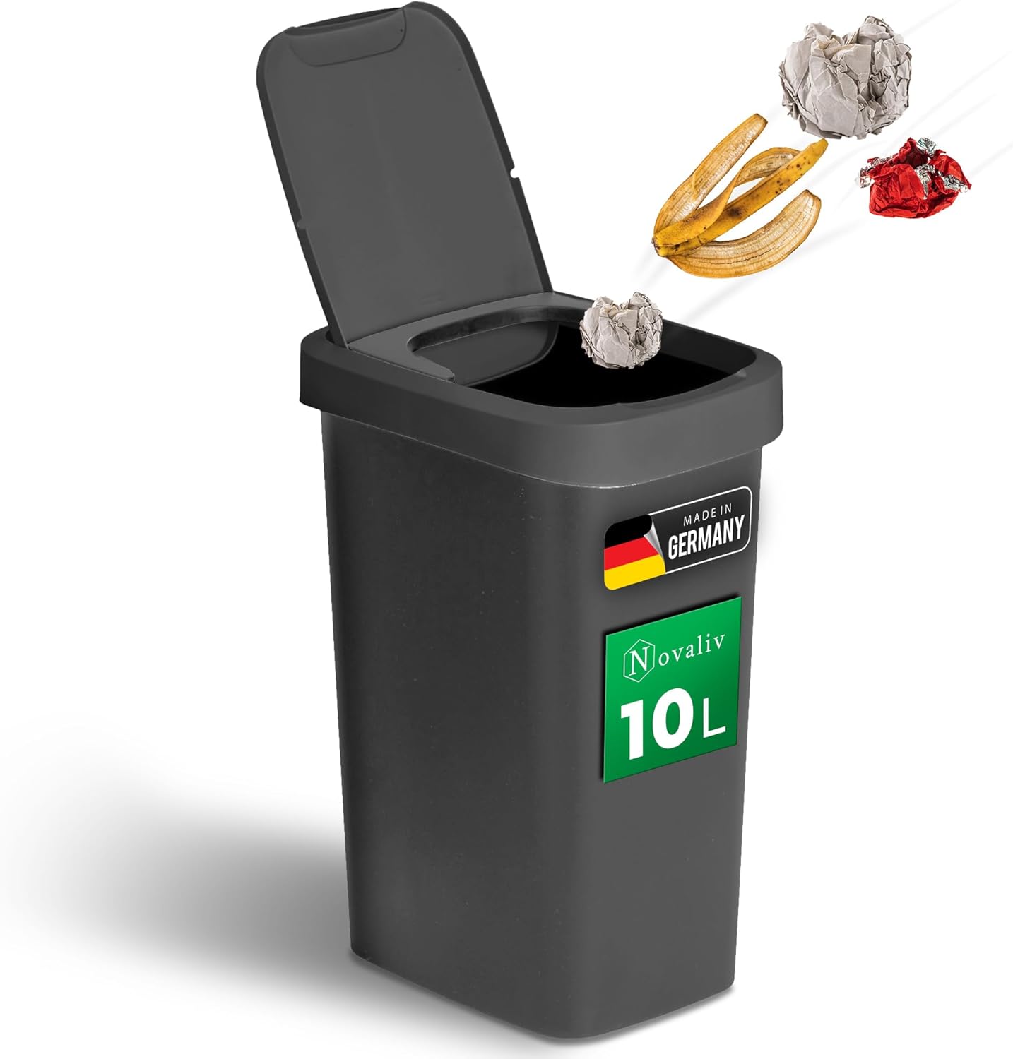 Novaliv M&uuml;lleimer 10L mit 2in1 Deckel, Klappdeckel & Schwingdeckel, Stilvoller Anti-Geruch Abfalleimer f&uuml;r Bad Badezimmer K&uuml;che Haushalt B&uuml;ro, M&uuml;ll Eimer Bin Abfall Kunststoff Abfallbeh&auml;lter 