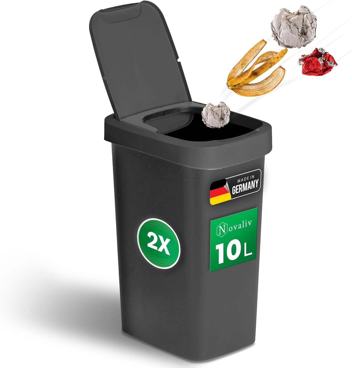 Novaliv 2 St&uuml;ck M&uuml;lleimer 10L mit 2in1 Deckel, Klappdeckel & Schwingdeckel, Anti-Geruch Abfalleimer f&uuml;r Bad Badezimmer K&uuml;che Haushalt B&uuml;ro, M&uuml;ll Trash Bin Eimer Abfall Kunststoff Abfallbeh&auml;lter 