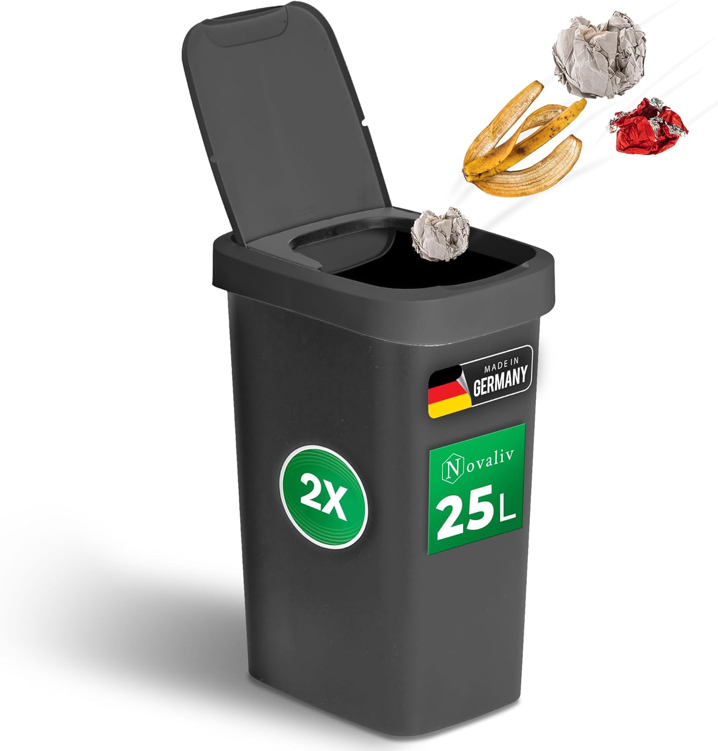 Novaliv 2x M&uuml;lleimer 25L mit 2in1 Deckel, Klappdeckel & Schwingdeckel, Anti-Geruch Abfalleimer f&uuml;r K&uuml;che Haushalt B&uuml;ro, M&uuml;ll Eimer Abfall Trash Kunststoff Abfallbeh&auml;lter M&uuml;llbeh&auml;lter Tonne 