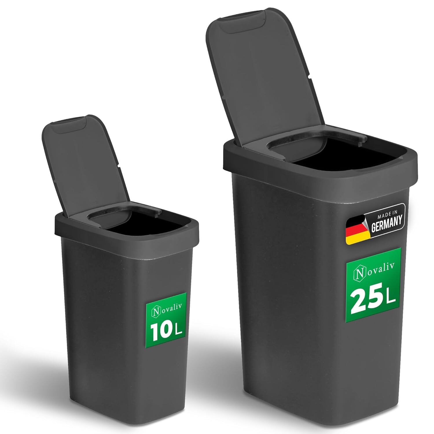 Abfalleimer-Set + 25L, Mülleimer mit 2in1 Deckel, Klappdeckel & Schwingdeckel, Anti-Geruch Mülleimer für Bad Küche Haushalt Büro, Müll Eimer Abfall Kunststoff Abfallbehälter
