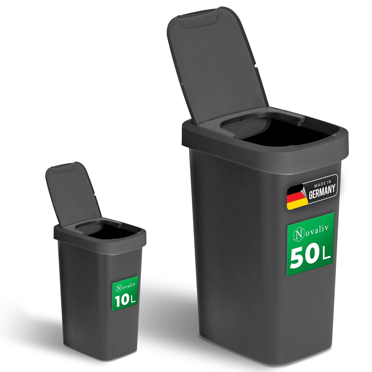 Novaliv Abfalleimer-Set 10L + 50L, M&uuml;lleimer mit 2in1 Deckel, Klappdeckel & Schwingdeckel, Anti-Geruch M&uuml;lleimer f&uuml;r K&uuml;che Haushalt B&uuml;ro, M&uuml;ll Eimer Abfall Trash Kunststoff Abfallbeh&auml;lter 