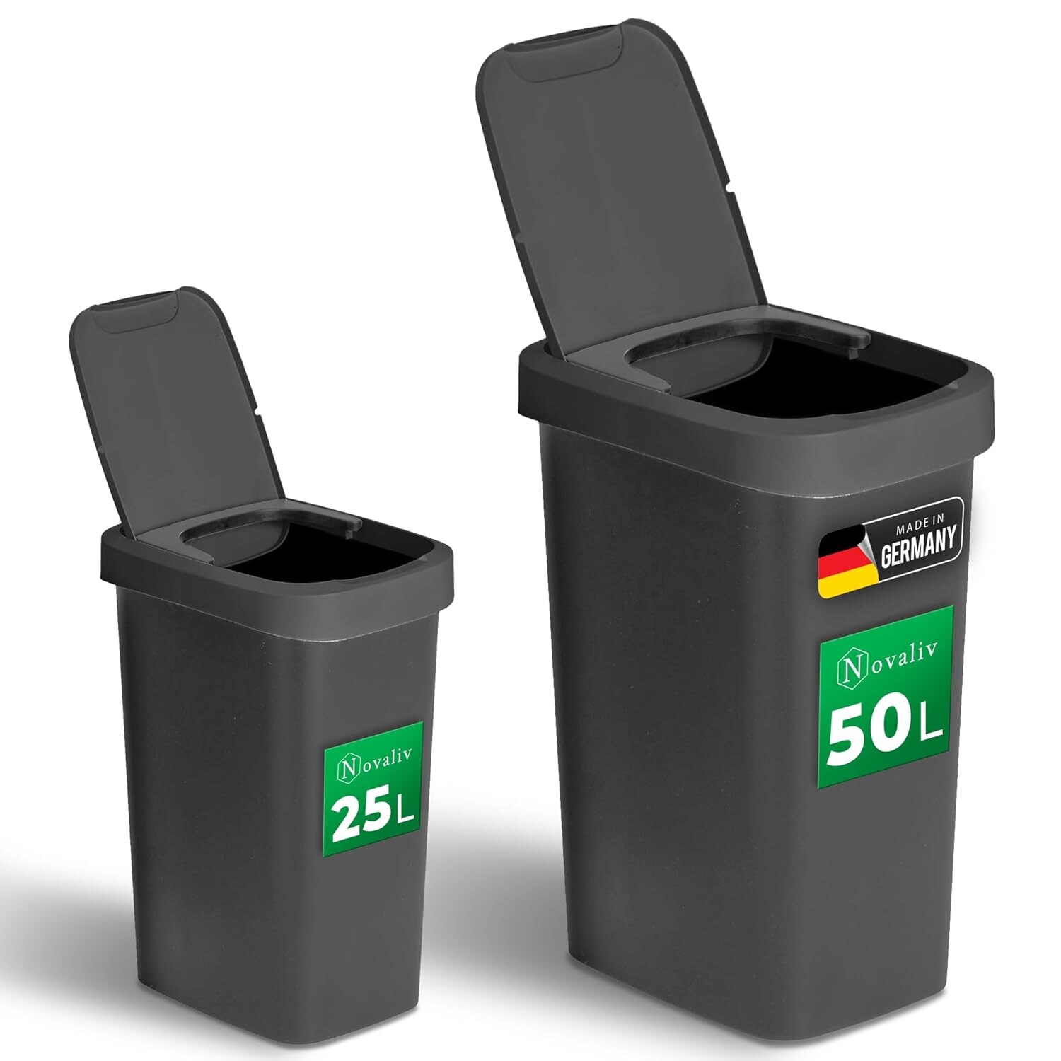 Mülleimer-Set + 50L, Abfalleimer mit 2in1 Deckel, Klappdeckel & Schwingdeckel, Anti-Geruch Mülleimer für Küche Haushalt Büro, Müll Eimer Abfall Trash Kunststoff Abfallbehälter