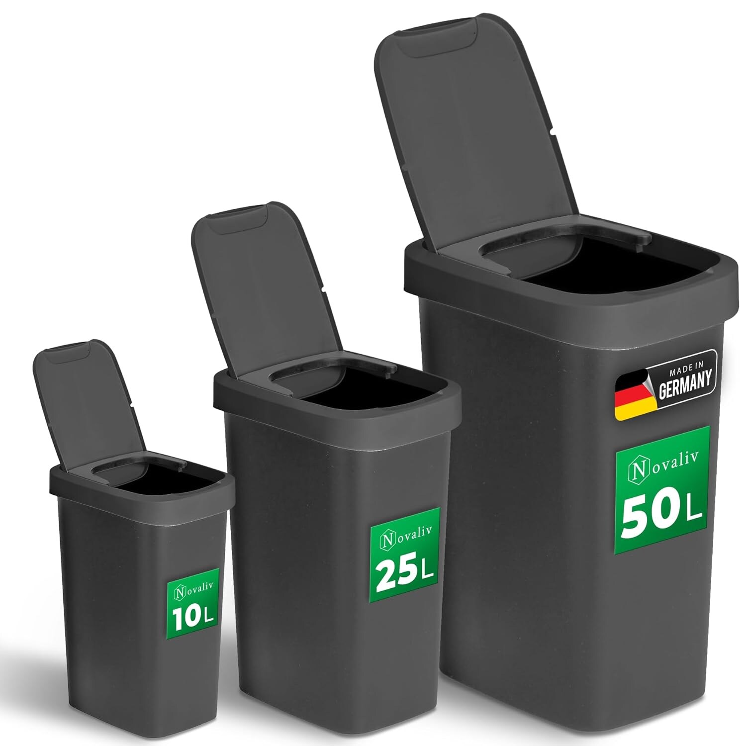 Mülleimer-Set + 25L + 50L, Abfalleimer mit 2in1 Deckel, Klappdeckel & Schwingdeckel, Anti-Geruch Mülleimer für Küche Haushalt Büro, Müll Eimer Abfall Kunststoff Abfallbehälter