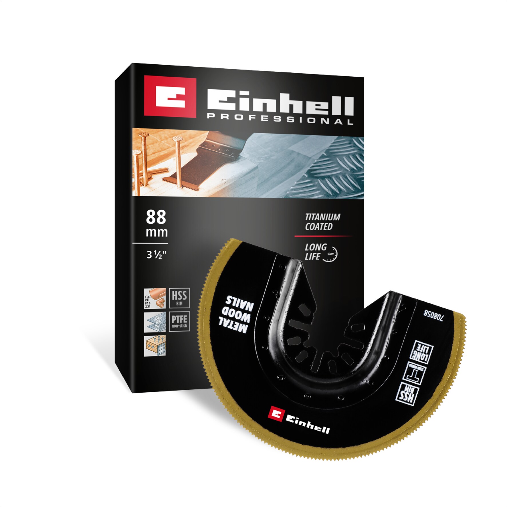 Original Einhell Bi-Metall Tauchs&auml;geblatt Titanbeschichtet (&Oslash; 88 mm Breite, PTFE-Finishing, Metallverzahnung, Schnellwechselfunktion, geeignet f&uuml;r Multitools) 