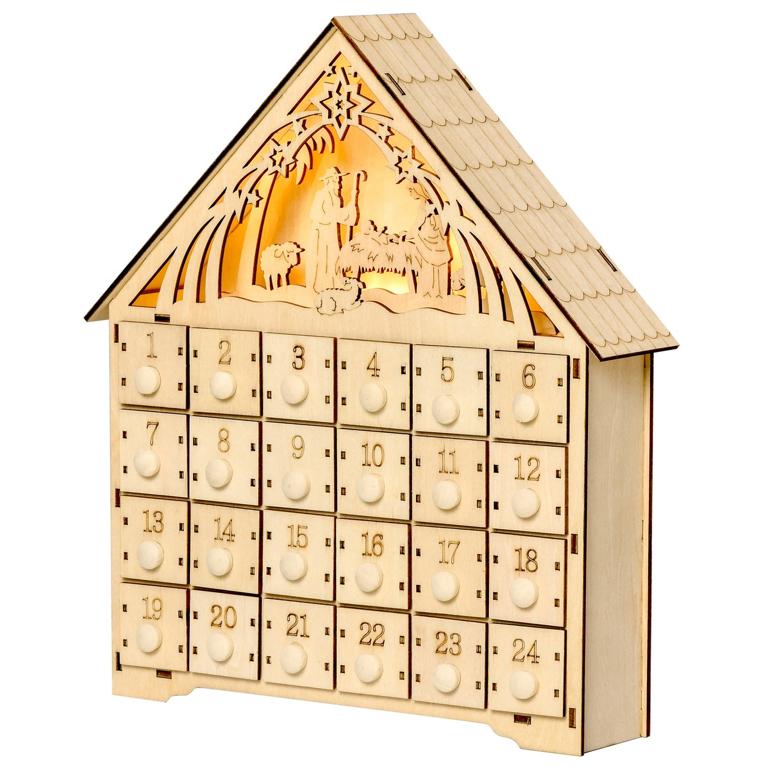 Adventskalender zum Bef&uuml;llen 24 Schubladen F&auml;cher Weihnachtskalender mit LED-Lichtern Adventskalenderbox Weihnachtsdekoration DIY MDF-Platte Naturholz 26,6 x 6 x 30 cm 