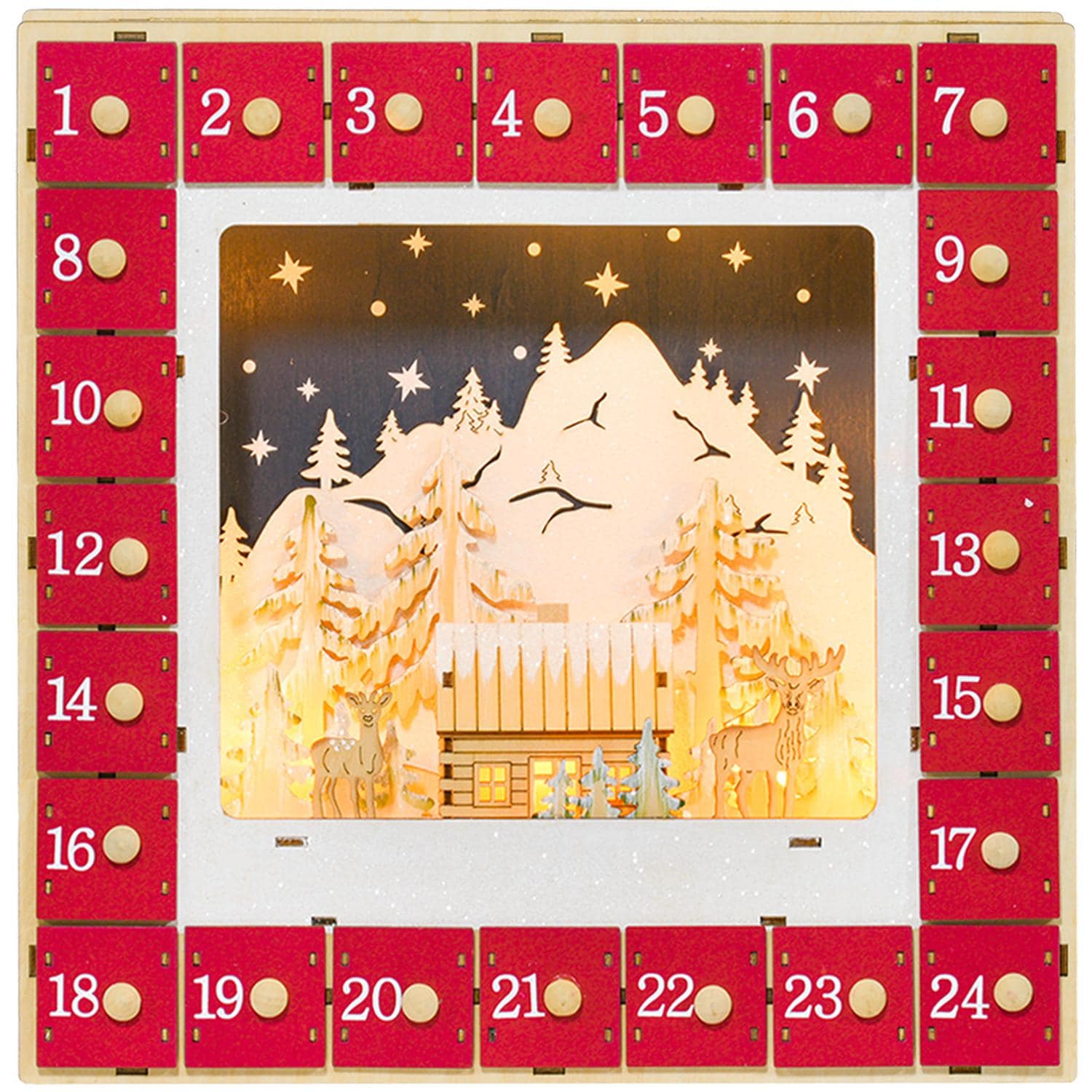 Adventskalender zum Bef&uuml;llen 24 Schubladen F&auml;cher Weihnachtskalender mit LED-Lichtern Adventskalenderbox Weihnachtsdekoration DIY MDF 34 x 7 x 34 cm Rot 