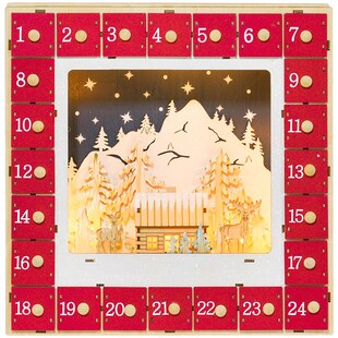 Adventskalender zum Befüllen 24 Schubladen Fächer Weihnachtskalender mit LED-Lichtern Adventskalenderbox Weihnachtsdekoration DIY MDF 34 x 7 x 34 cm Rot 