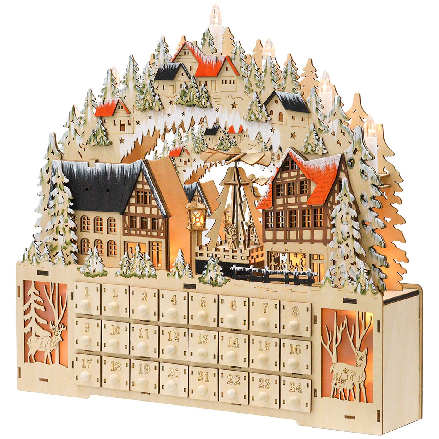 Adventskalender zum Bef&uuml;llen 24 Schubladen F&auml;cher Weihnachtskalender mit LED-Lichtern Adventskalenderbox Weihnachtsdekoration DIY MDF Naturholz 45 x 9 x 42,5 cm 