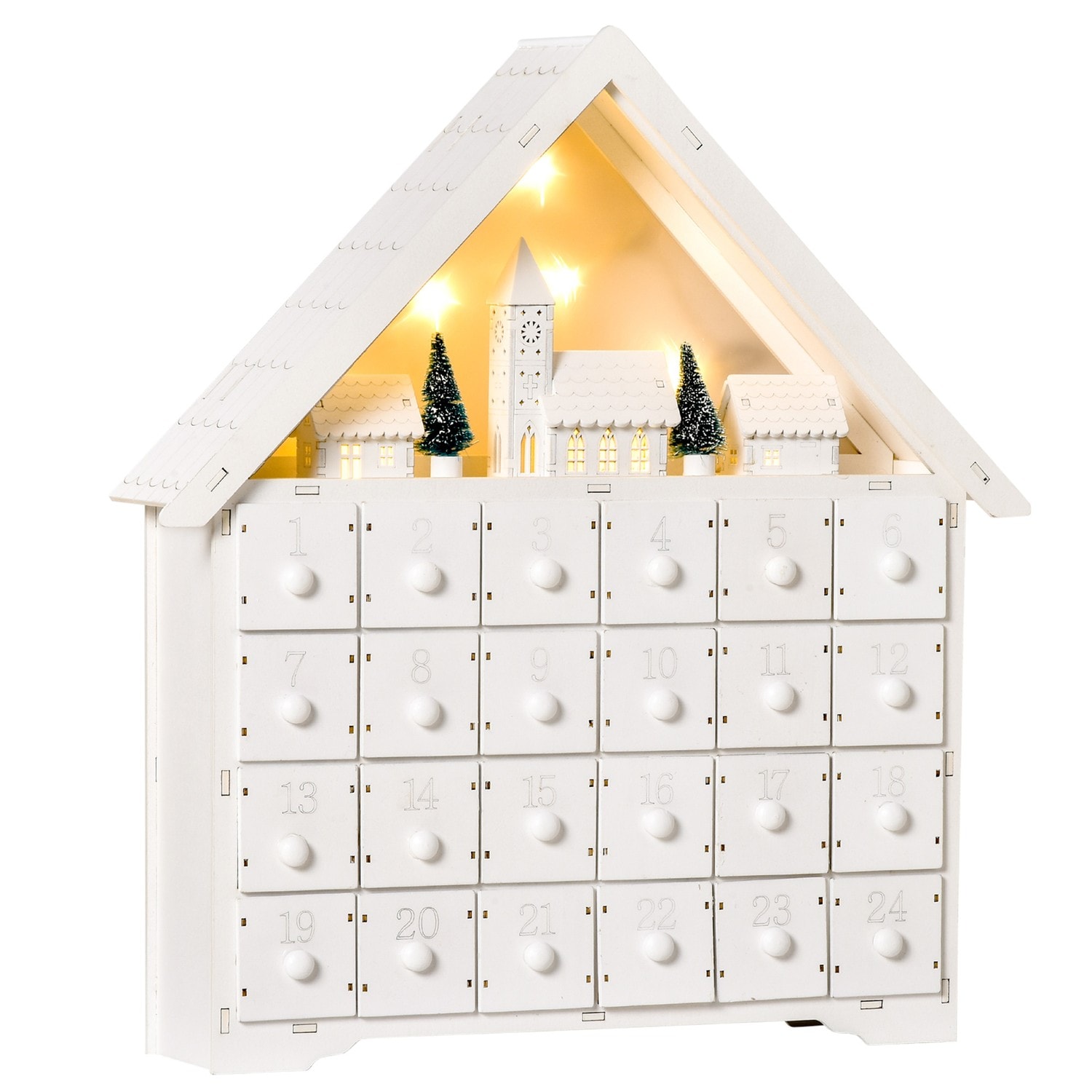 Adventskalender Zum Bef&uuml;llen 24 Schubladen F&auml;cher Weihnachtskalender Mit Led-Lichtern 2-In-1-Design Weihnachtsdeko Wei&szlig; 39 X 9 X 42 Cm 