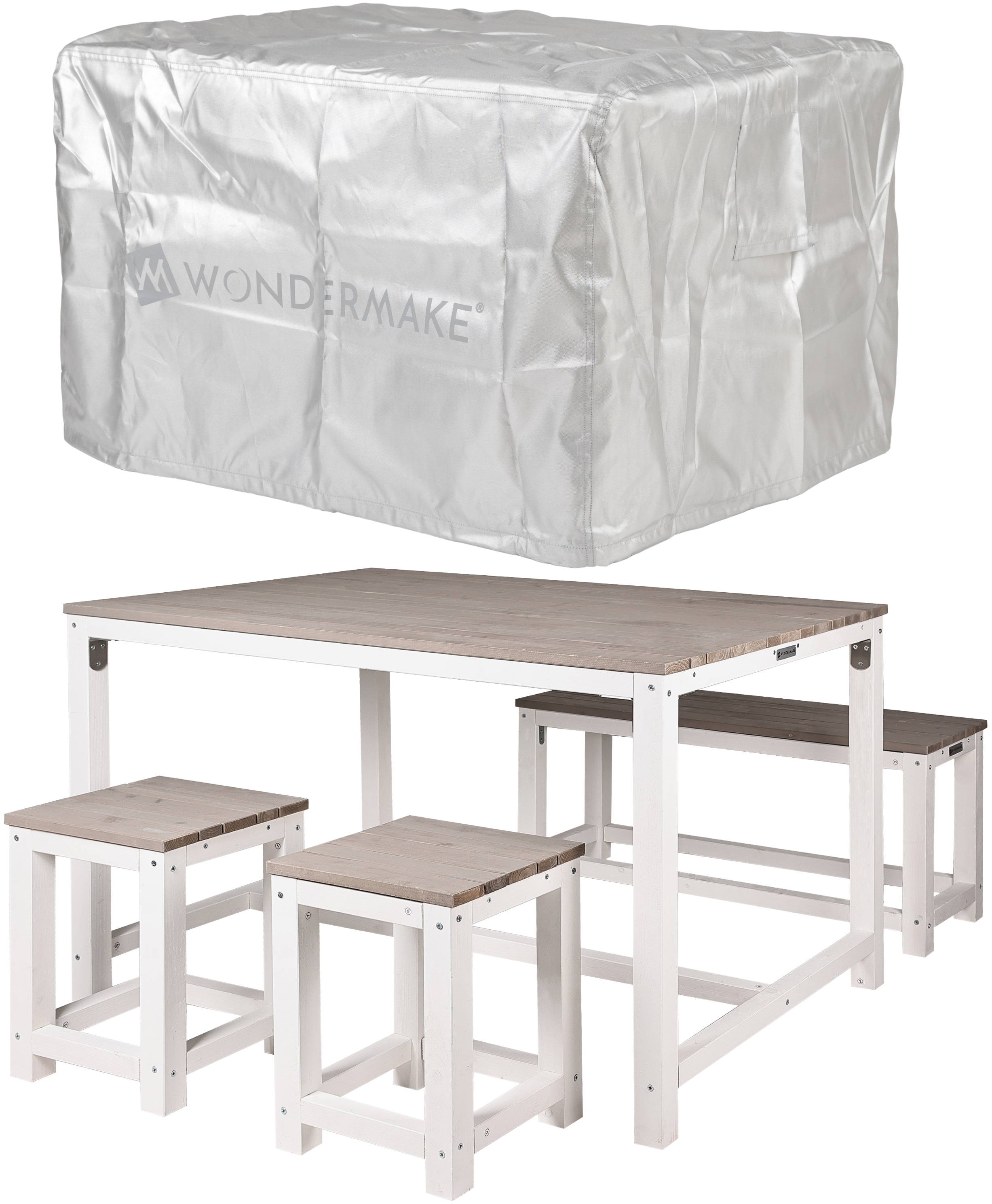 WONDERMAKE&reg; Design Sitzgruppe Sitzgarnitur Holz mit Abdeckung Outdoor Garten Balkon 4 Personen Pl&auml;tze, Essgruppe M&ouml;bel-Set Essgarnitur drau&szlig;en au&szlig;en, 4-teilig: Tisch Sitzbank St&uuml;hle Hocker, wei&szlig; grau 