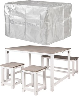 WONDERMAKE® Design Sitzgruppe Sitzgarnitur Holz mit Abdeckung Outdoor Garten Balkon 4 Personen Plätze, Essgruppe Möbel-Set Essgarnitur draußen außen, 4-teilig: Tisch Sitzbank Stühle Hocker, weiß grau 