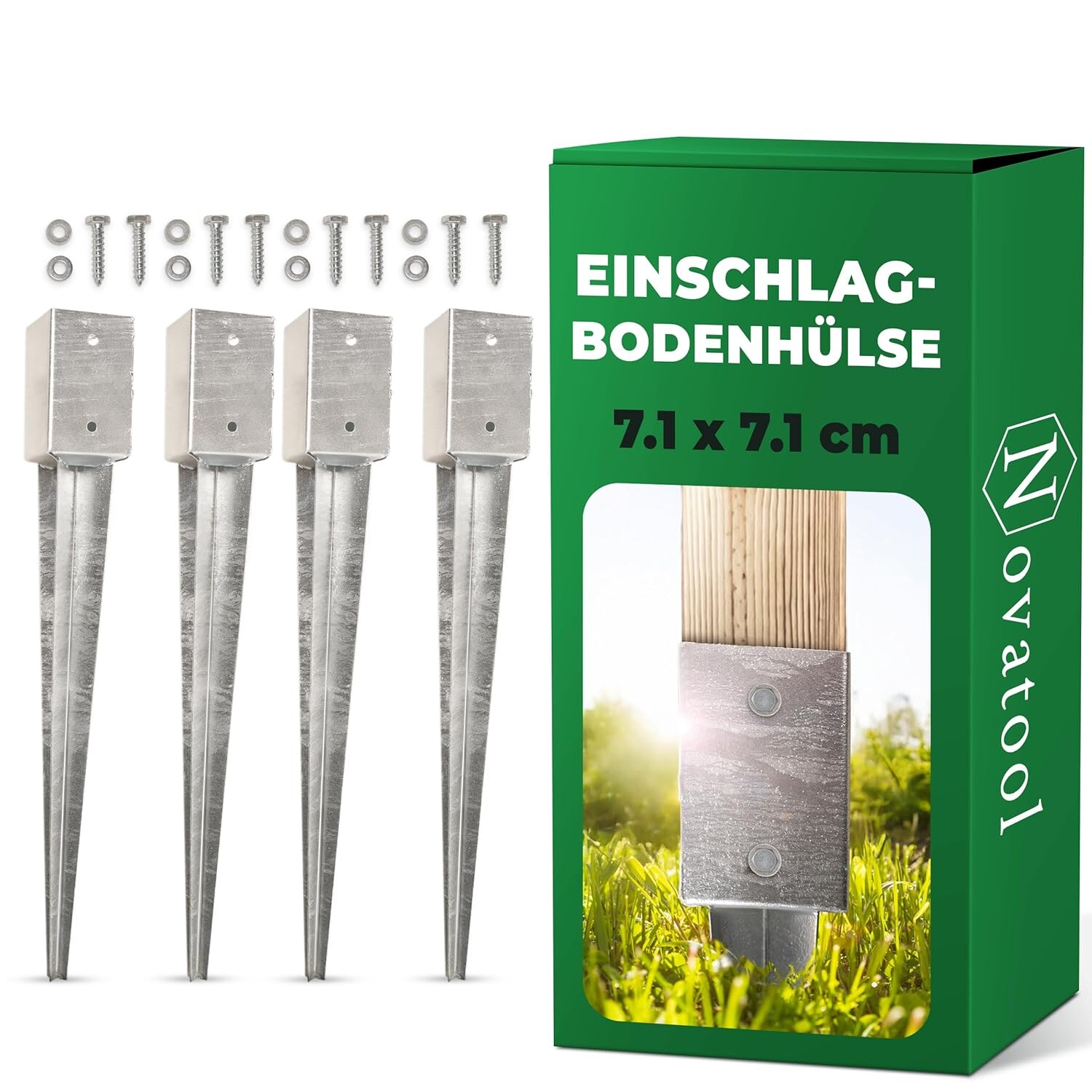 Novatool 4x Einschlagbodenhülsen-Set 71x71x750 mm , Bodenhülse Sonnenschirm Pfostenträger Zaunpfosten Holzpfosten Bodenhülsen Einschlaghülse Bodenanker Erdspieß zum Einschlagen , verzinkt , mit Schrauben