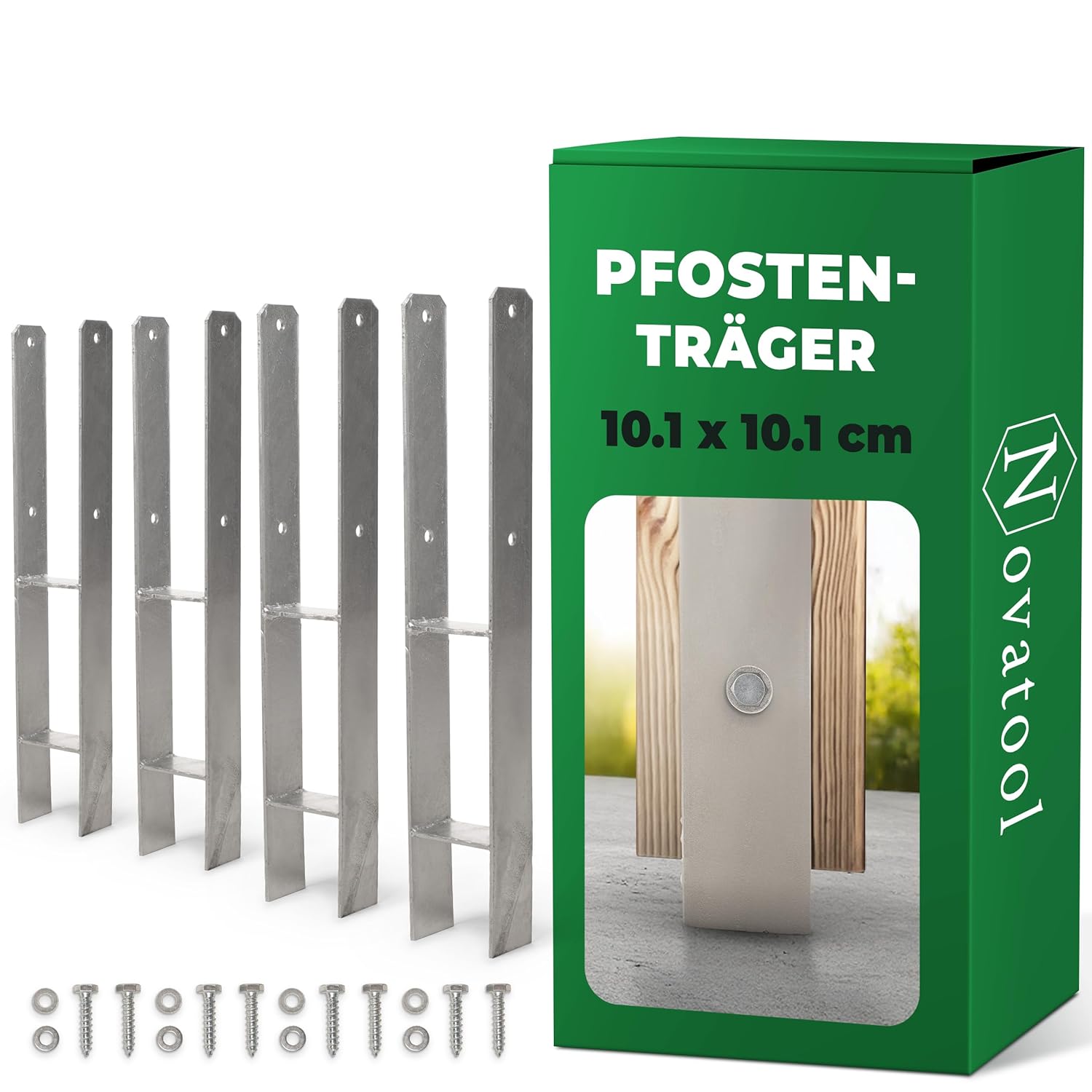 Novatool 4x Einschlagbodenh&uuml;lsen-Set H-Form 101x101x600 mm , Bodenh&uuml;lse Sonnenschirm Pfostentr&auml;ger Zaunpfosten Holzpfosten Bodenh&uuml;lsen Einschlagh&uuml;lse Erdspie&szlig; zum Einschlagen , verzinkt , mit Schrauben 