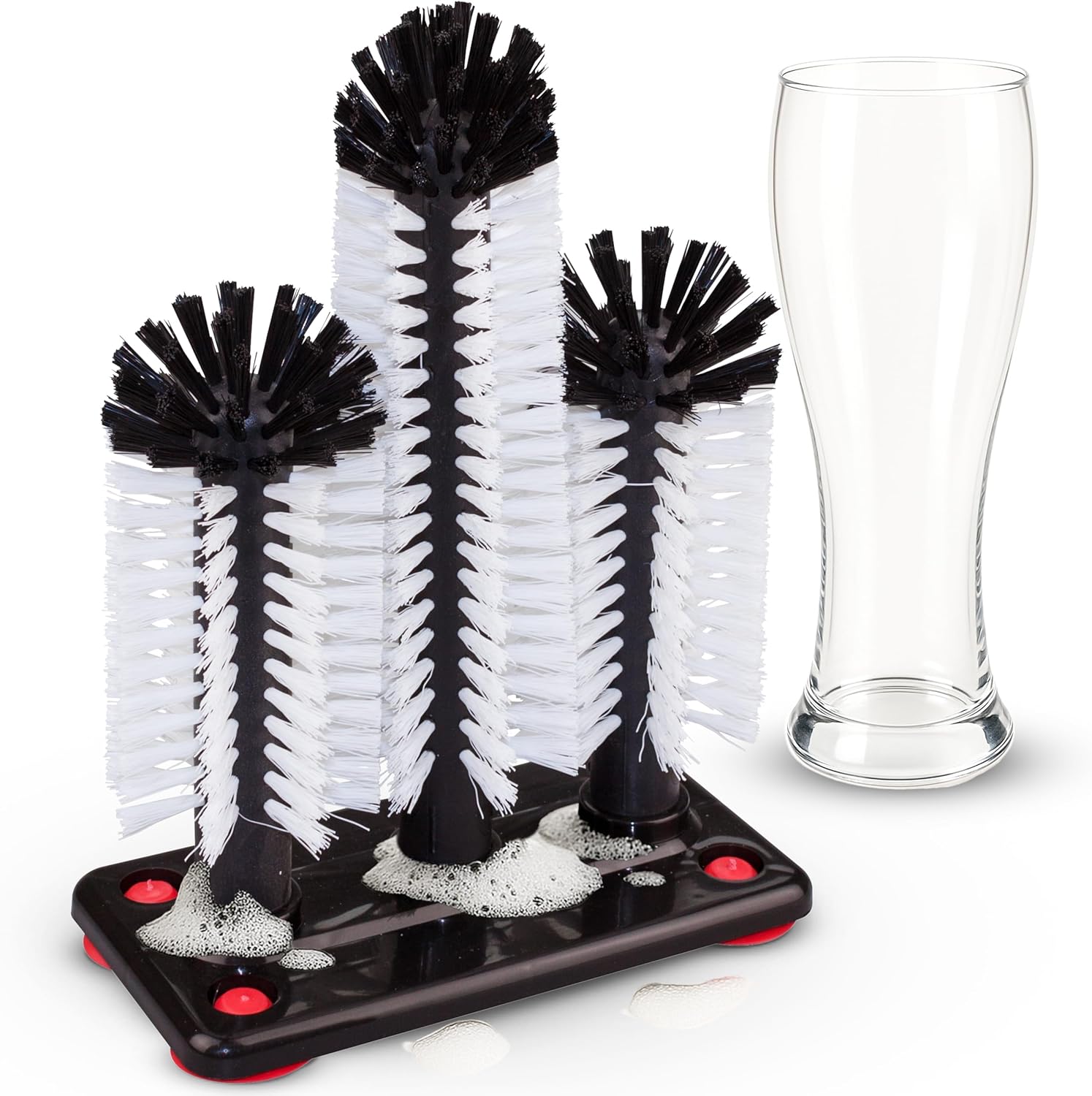 Novaliv Gl&auml;sersp&uuml;ler mit 3 Sp&uuml;lb&uuml;rsten & Saugnapf , Glassp&uuml;ler f&uuml;r Zuhause Bar Theke Gastronomie Party , Sp&uuml;l B&uuml;rste Sp&uuml;lbecken Gl&auml;serb&uuml;rste Glasb&uuml;rste Bier Soda Glas Gl&auml;ser Reinigung 