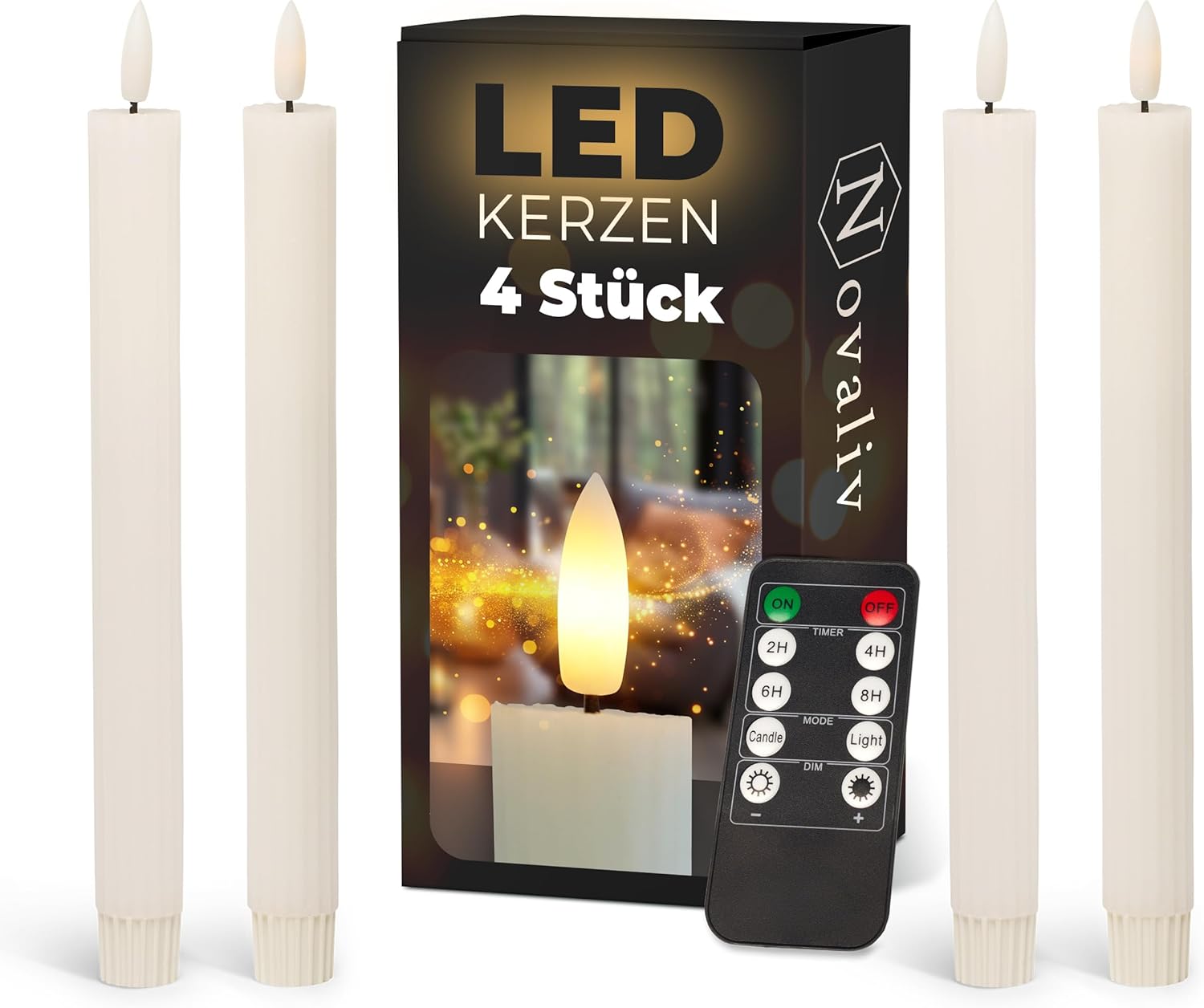 Novaliv Stabkerzen LED mit Timer Weiss 4 St&uuml;ck Weiss Indoor - 6 Stunden - ECHTWACHS gerippt 23cm H&ouml;he f&uuml;r Kerzen 2 ,2cm Durchmesser 2 AAA Batterien LED Stabkerzen flackernde Flamme bewegliche Flamme 