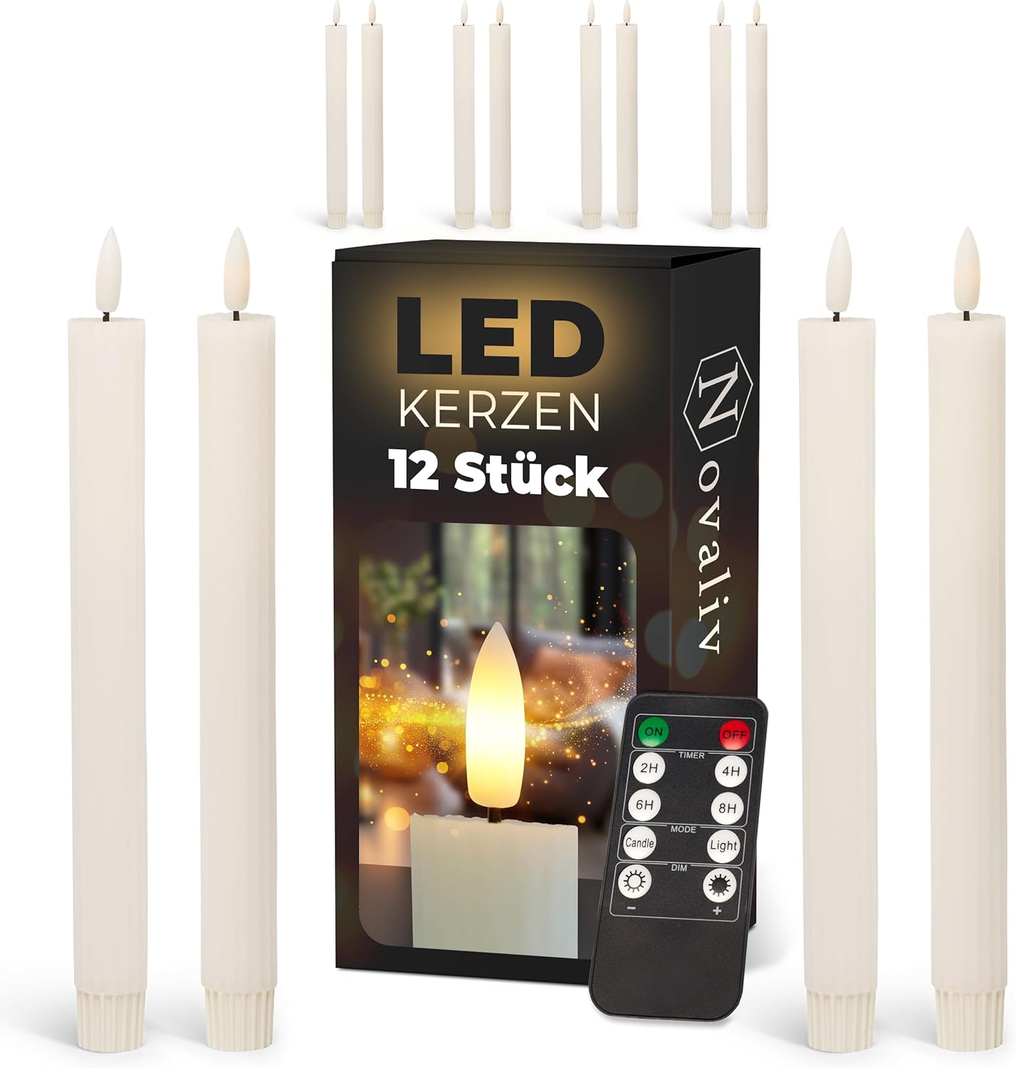 Stabkerzen LED mit Timer WEISS 12 St&uuml;ck indoor - 6 Stunden - ECHTWACHS gerippt 23cm H&ouml;he f&uuml;r Kerzen 2 ,2cm Durchmesser 2 AAA Batterien notwendig LED Stabkerzen 2er Set (drei Mal) bewegliche Flamme 