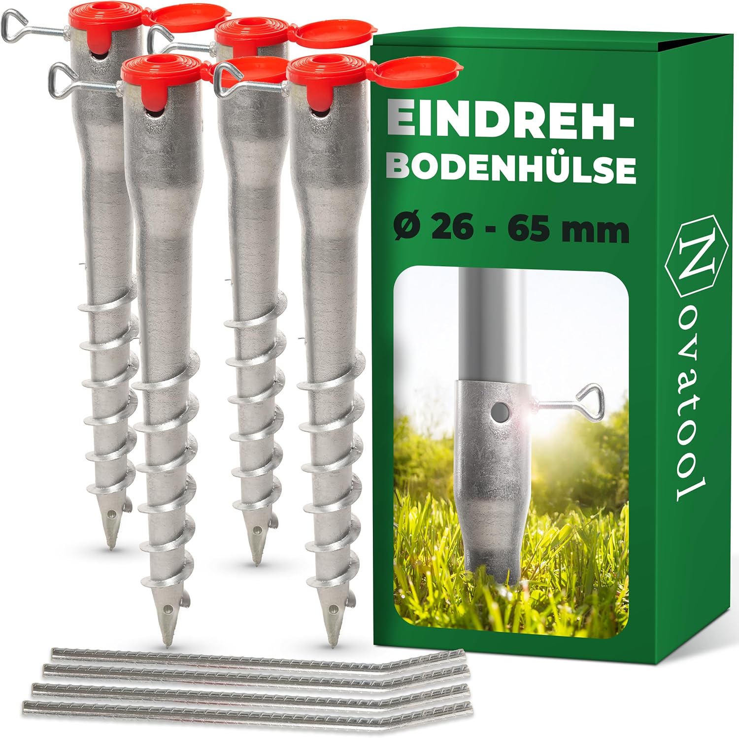 Novatool 4x Eindrehbodenh&uuml;lsen-Set f&uuml;r Rohre mit &Oslash; 26-65 mm , Bodenh&uuml;lse Sonnenschirm Pfostentr&auml;ger Einschraubh&uuml;lse Boden Schraubh&uuml;lse , Alternativ zu Bodeneinschlagh&uuml;lse Einschlagbodenh&uuml;lse 