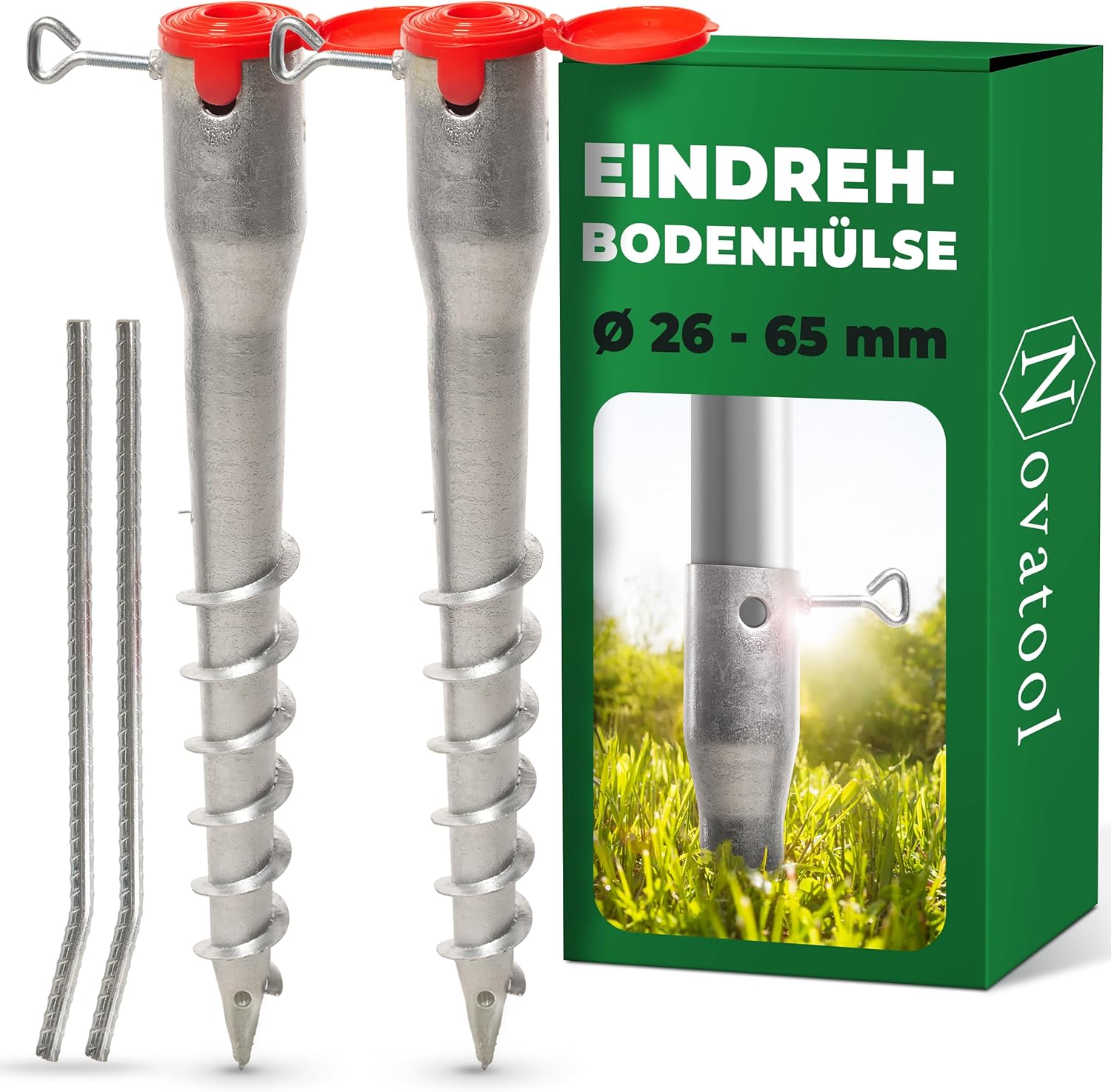 Novatool 2x Eindrehbodenh&uuml;lsen-Set f&uuml;r Rohre mit &Oslash; 26-65 mm , Bodenh&uuml;lse Sonnenschirm Pfostentr&auml;ger Einschraubh&uuml;lse Boden Schraubh&uuml;lse , Alternativ zu Bodeneinschlagh&uuml;lse Einschlagbodenh&uuml;lse 