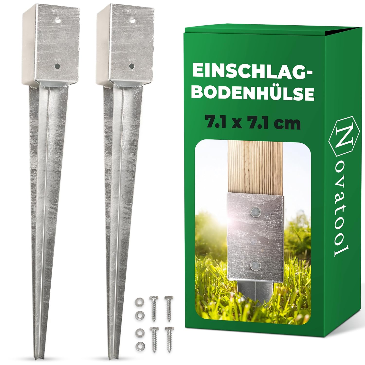 Novatool 2x Einschlagbodenh&uuml;lsen-Set 71x71x750 mm , Bodenh&uuml;lse Sonnenschirm Pfostentr&auml;ger Zaunpfosten Holzpfosten Bodenh&uuml;lsen Einschlagh&uuml;lse Bodenanker Erdspie&szlig; zum Einschlagen , verzinkt , mit Schrauben 