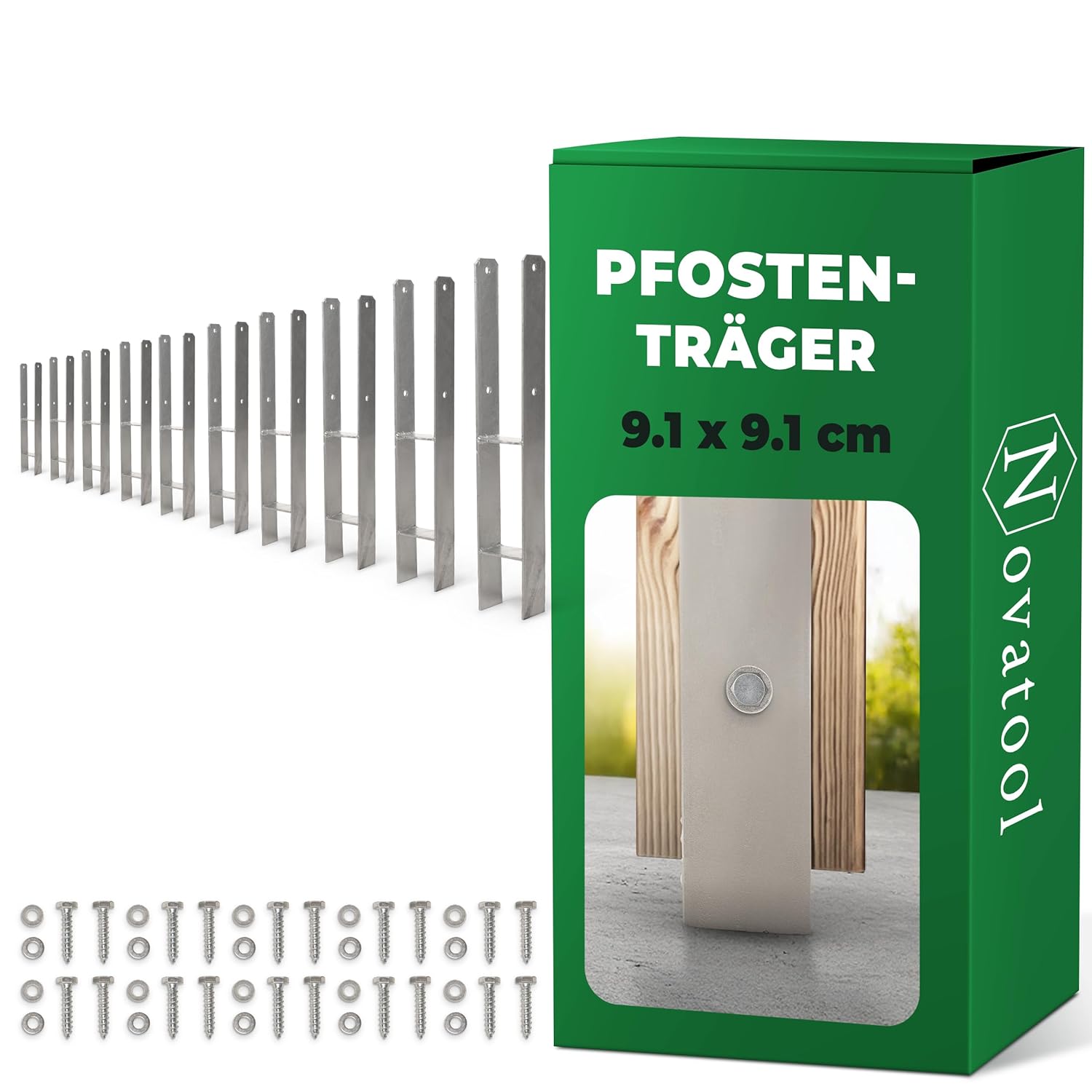 Novatool 10x Einschlagbodenh&uuml;lsen-Set H-Form 91x91x600 mm , Bodenh&uuml;lse Sonnenschirm Pfostentr&auml;ger Zaunpfosten Holzpfosten Bodenh&uuml;lsen Einschlagh&uuml;lse Erdspie&szlig; zum Einschlagen , verzinkt , mit Schrauben 