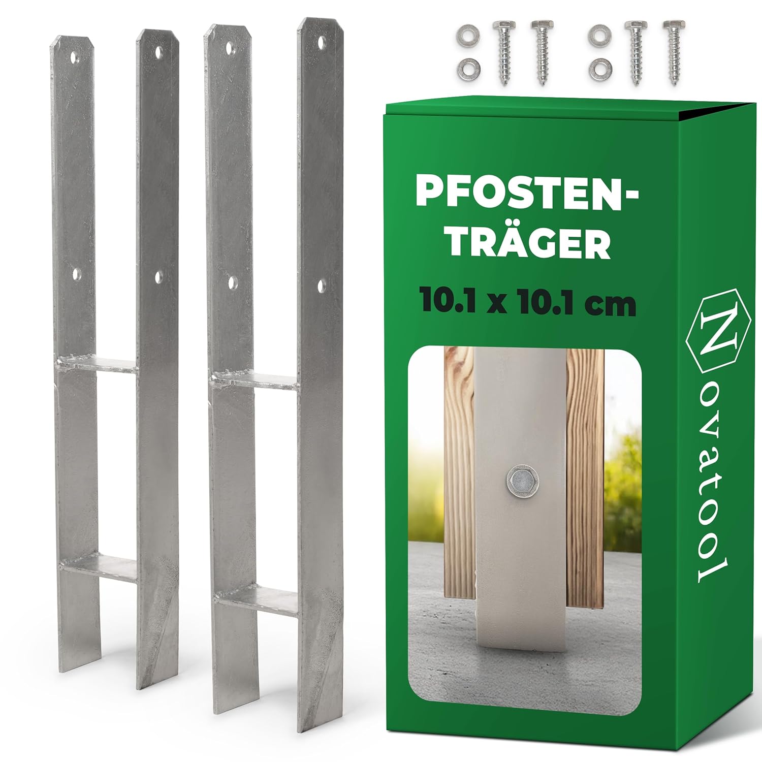 Novatool 2x Einschlagbodenh&uuml;lsen-Set H-Form 101x101x600 mm , Bodenh&uuml;lse Sonnenschirm Pfostentr&auml;ger Zaunpfosten Holzpfosten Bodenh&uuml;lsen Einschlagh&uuml;lse Erdspie&szlig; zum Einschlagen , verzinkt , mit Schrauben 