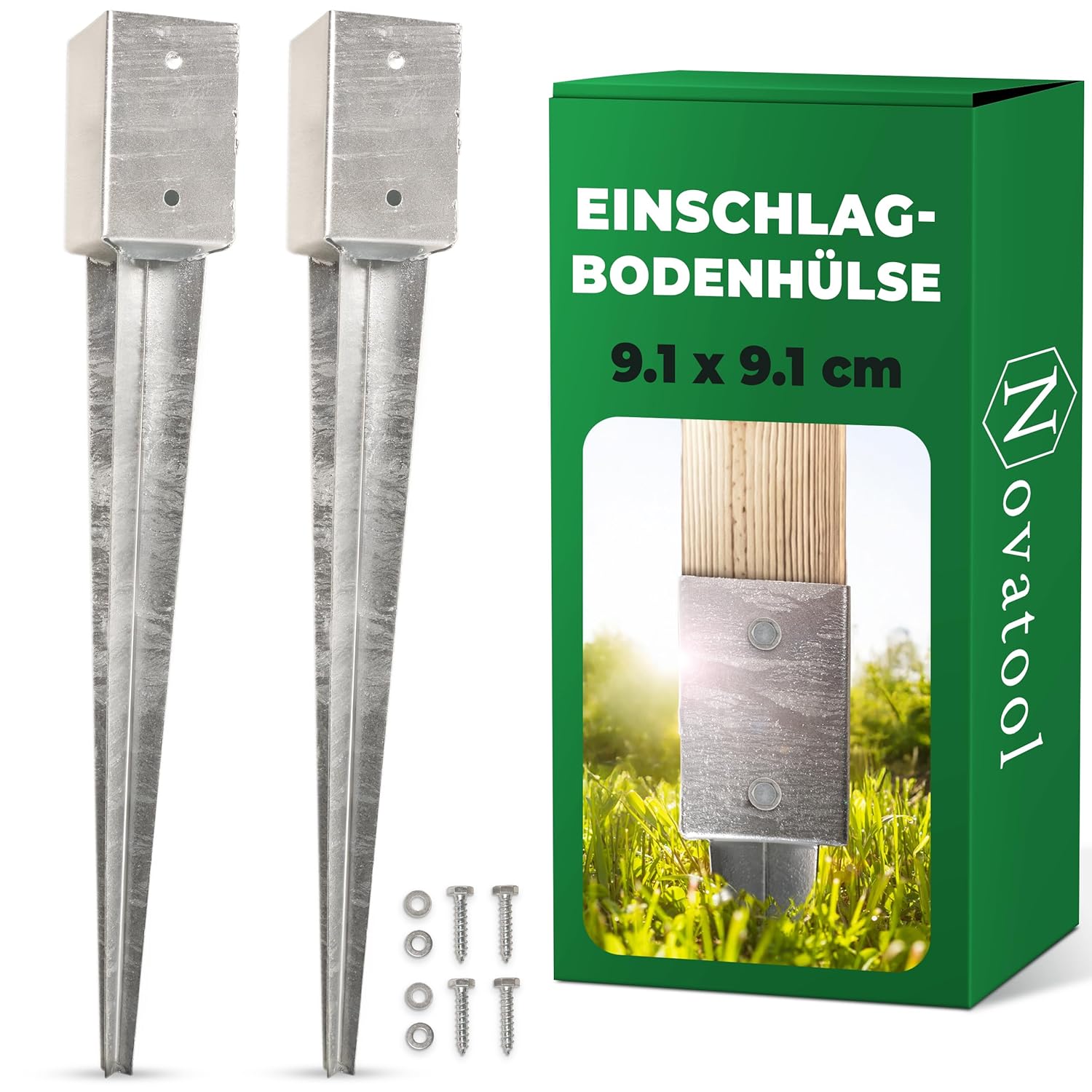 Novatool 2x Einschlagbodenh&uuml;lsen-Set 91x91x750 mm , Bodenh&uuml;lse Sonnenschirm Pfostentr&auml;ger Zaunpfosten Holzpfosten Bodenh&uuml;lsen Einschlagh&uuml;lse Bodenanker Erdspie&szlig; zum Einschlagen , verzinkt , mit Schrauben 