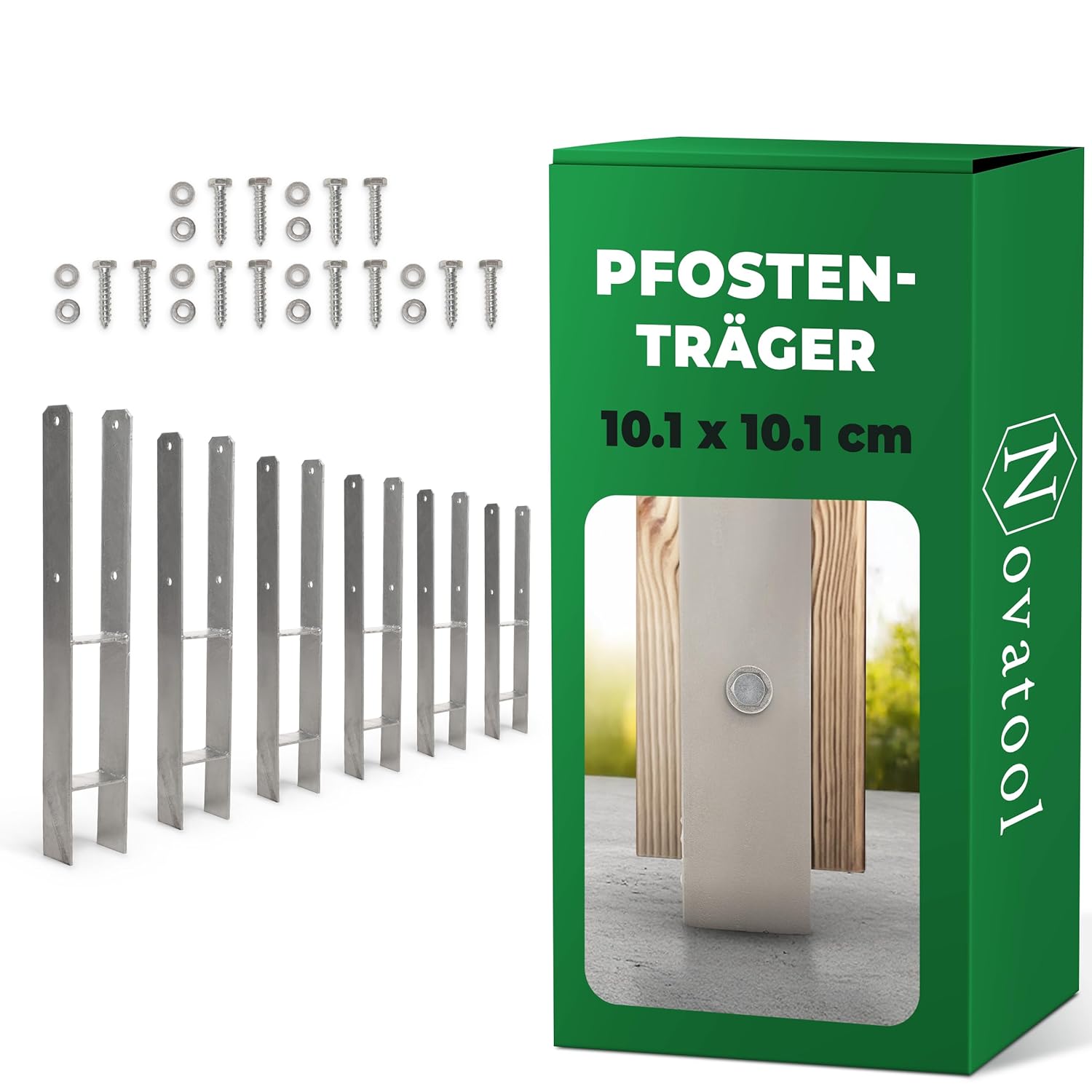 Novatool 6x Einschlagbodenh&uuml;lsen-Set H-Form 101x101x600 mm , Bodenh&uuml;lse Sonnenschirm Pfostentr&auml;ger Zaunpfosten Holzpfosten Bodenh&uuml;lsen Einschlagh&uuml;lse Erdspie&szlig; zum Einschlagen , verzinkt , mit Schrauben 
