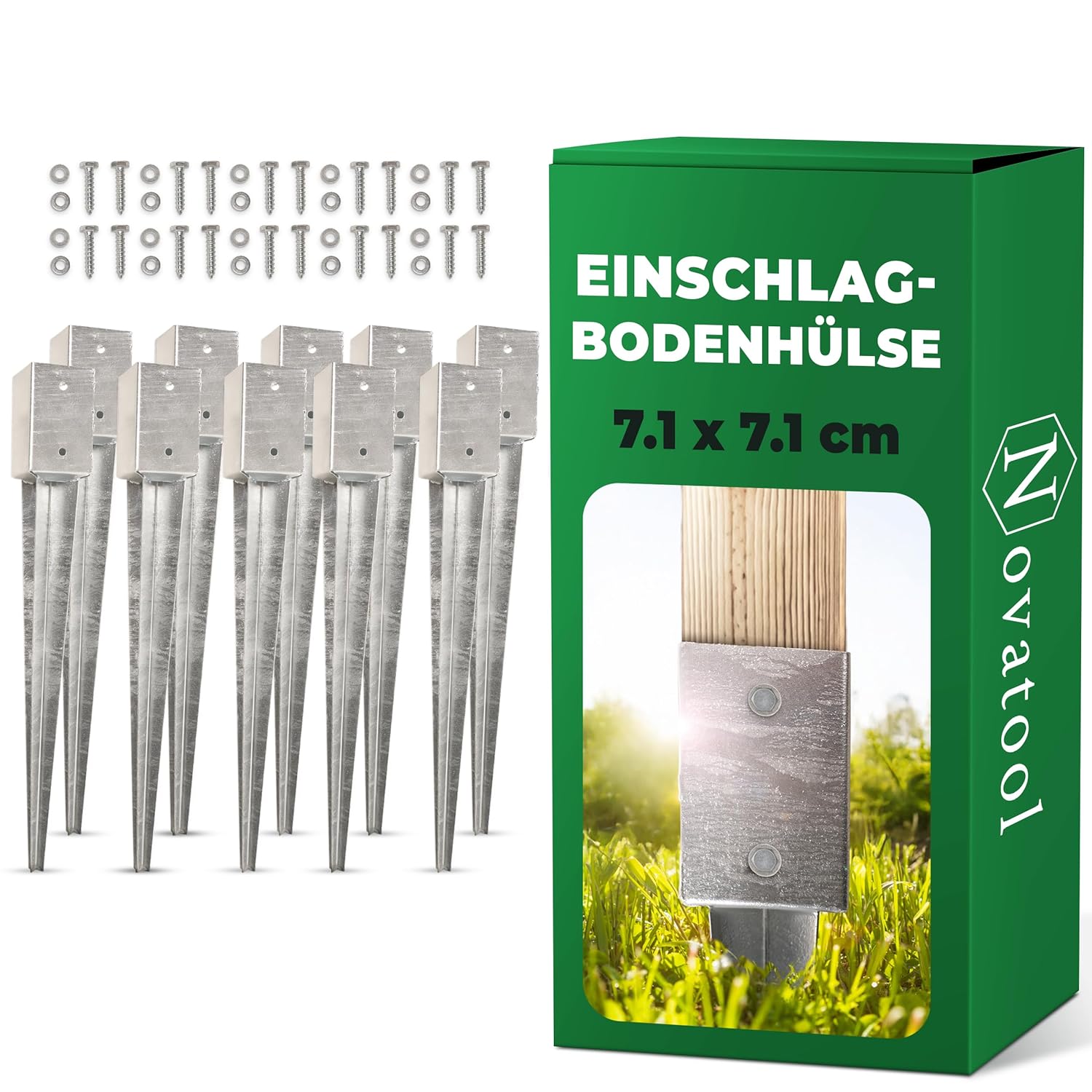 Novatool 10x Einschlagbodenh&uuml;lsen-Set 71x71x750mm Bodenh&uuml;lse Sonnenschirm Pfostentr&auml;ger Zaunpfosten Holzpfosten Bodenh&uuml;lsen Einschlagh&uuml;lse Bodenanker Erdspie&szlig; zum Einschlagen , verzinkt , mit Schrauben 