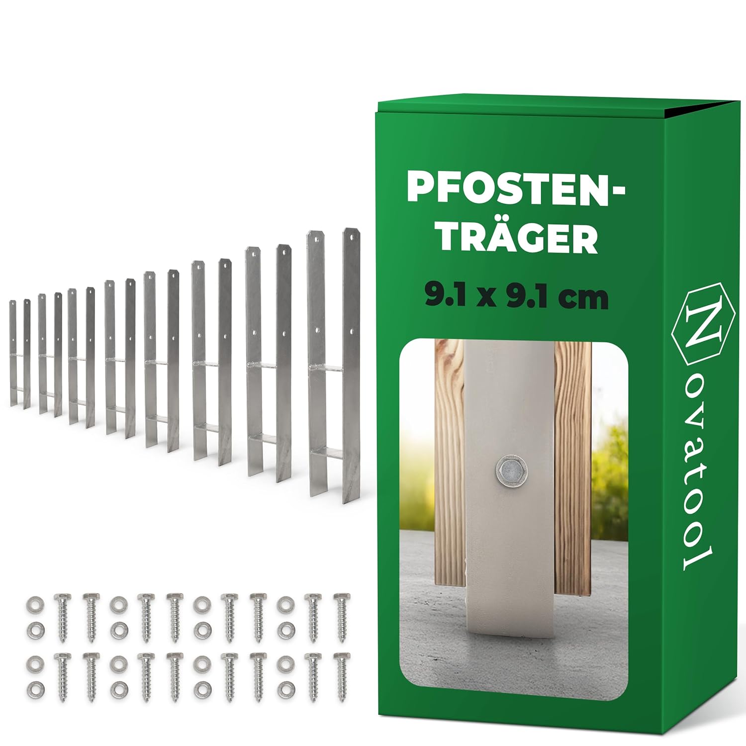 Novatool 8x Einschlagbodenh&uuml;lsen-Set H-Form 91x91x600 mm , Bodenh&uuml;lse Sonnenschirm Pfostentr&auml;ger Zaunpfosten Holzpfosten Bodenh&uuml;lsen Einschlagh&uuml;lse Erdspie&szlig; zum Einschlagen , verzinkt , mit Schrauben 