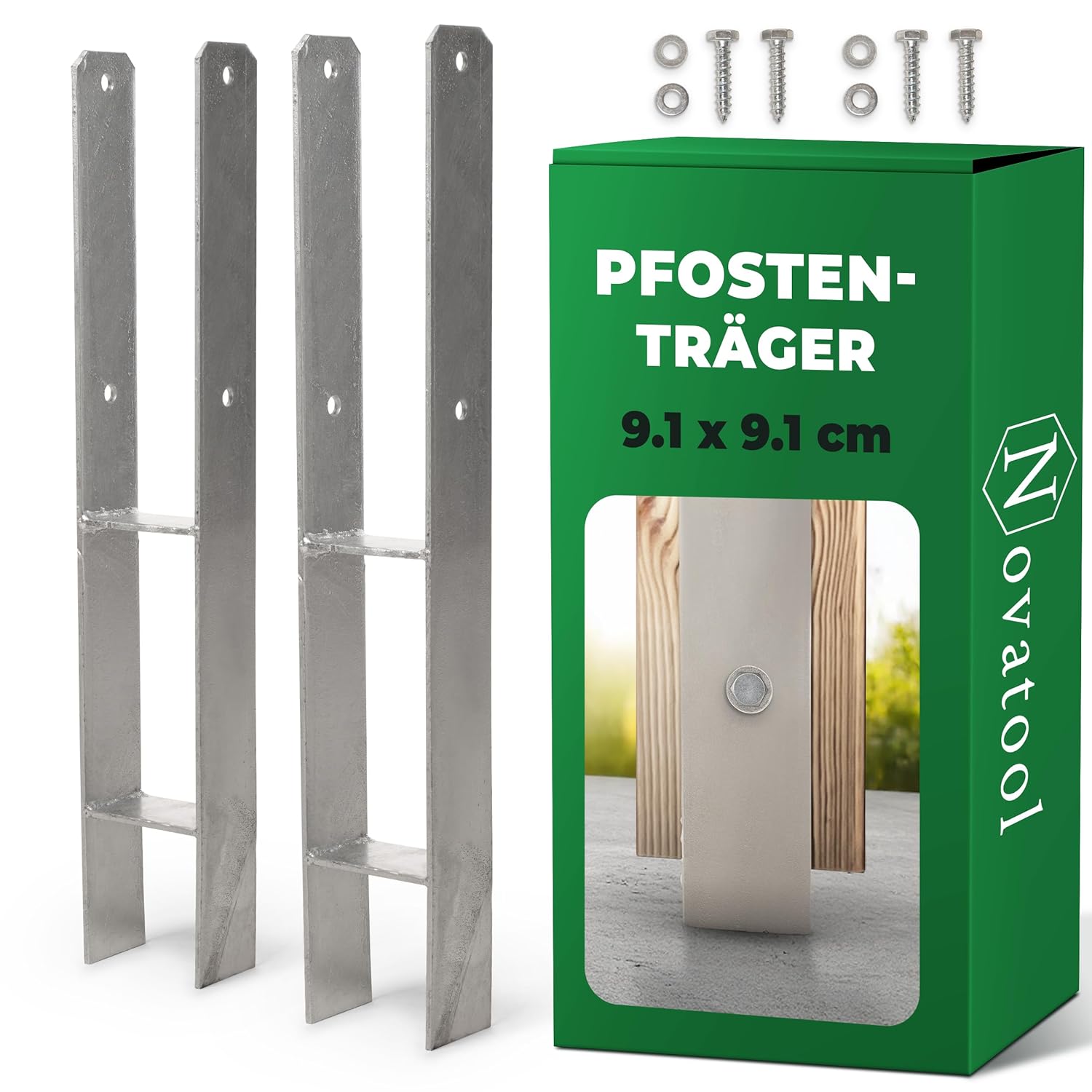 Novatool 2x Einschlagbodenh&uuml;lsen-Set H-Form 91x91x600 mm , Bodenh&uuml;lse Sonnenschirm Pfostentr&auml;ger Zaunpfosten Holzpfosten Bodenh&uuml;lsen Einschlagh&uuml;lse Erdspie&szlig; zum Einschlagen , verzinkt , mit Schrauben 