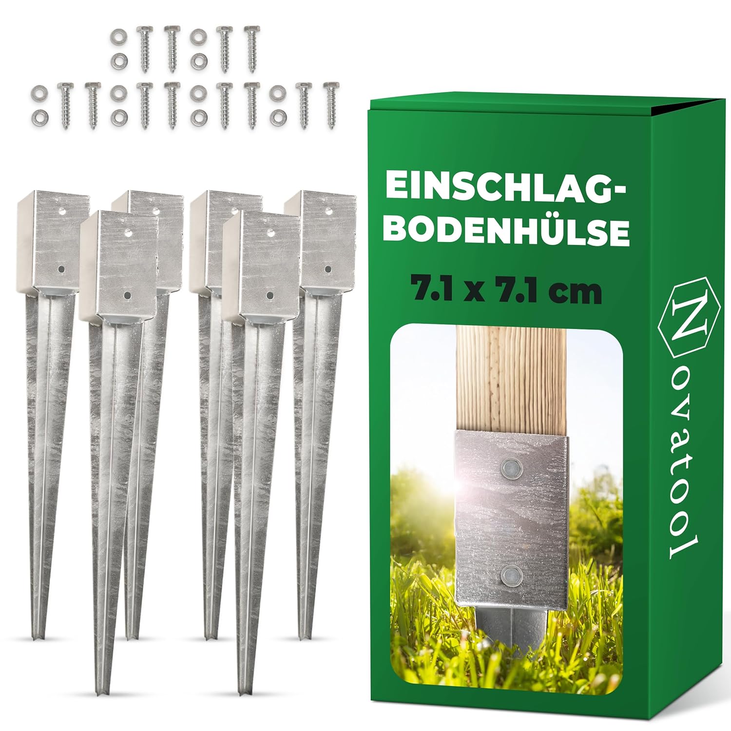 Novatool 6x Einschlagbodenh&uuml;lsen-Set 71x71x750 mm , Bodenh&uuml;lse Sonnenschirm Pfostentr&auml;ger Zaunpfosten Holzpfosten Bodenh&uuml;lsen Einschlagh&uuml;lse Bodenanker Erdspie&szlig; zum Einschlagen , verzinkt , mit Schrauben 