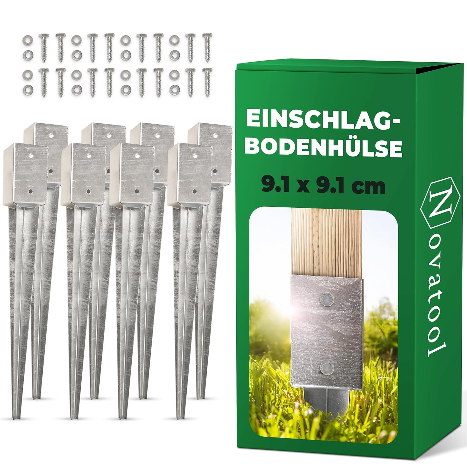 Novatool 8x Einschlagbodenh&uuml;lsen-Set 91x91x750 mm , Bodenh&uuml;lse Sonnenschirm Pfostentr&auml;ger Zaunpfosten Holzpfosten Bodenh&uuml;lsen Einschlagh&uuml;lse Bodenanker Erdspie&szlig; zum Einschlagen , verzinkt , mit Schrauben 