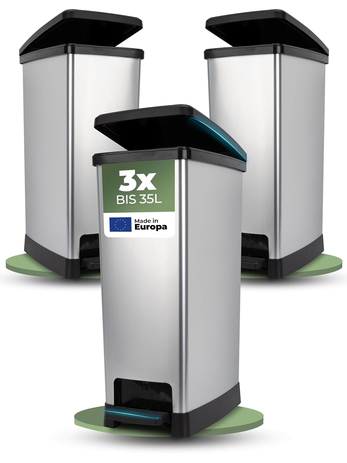 Novaliv 3x Gro&szlig;er M&uuml;lleimer mit Deckel - 35L Tretm&uuml;lleimer mit Soft-Close-System - Stabiler Abfalleimer mit Deckel & Fu&szlig;pedal - Geruchsdichter M&uuml;lleimer K&uuml;che u.v.m - Treteimer M&uuml;llbeh&auml;lter 