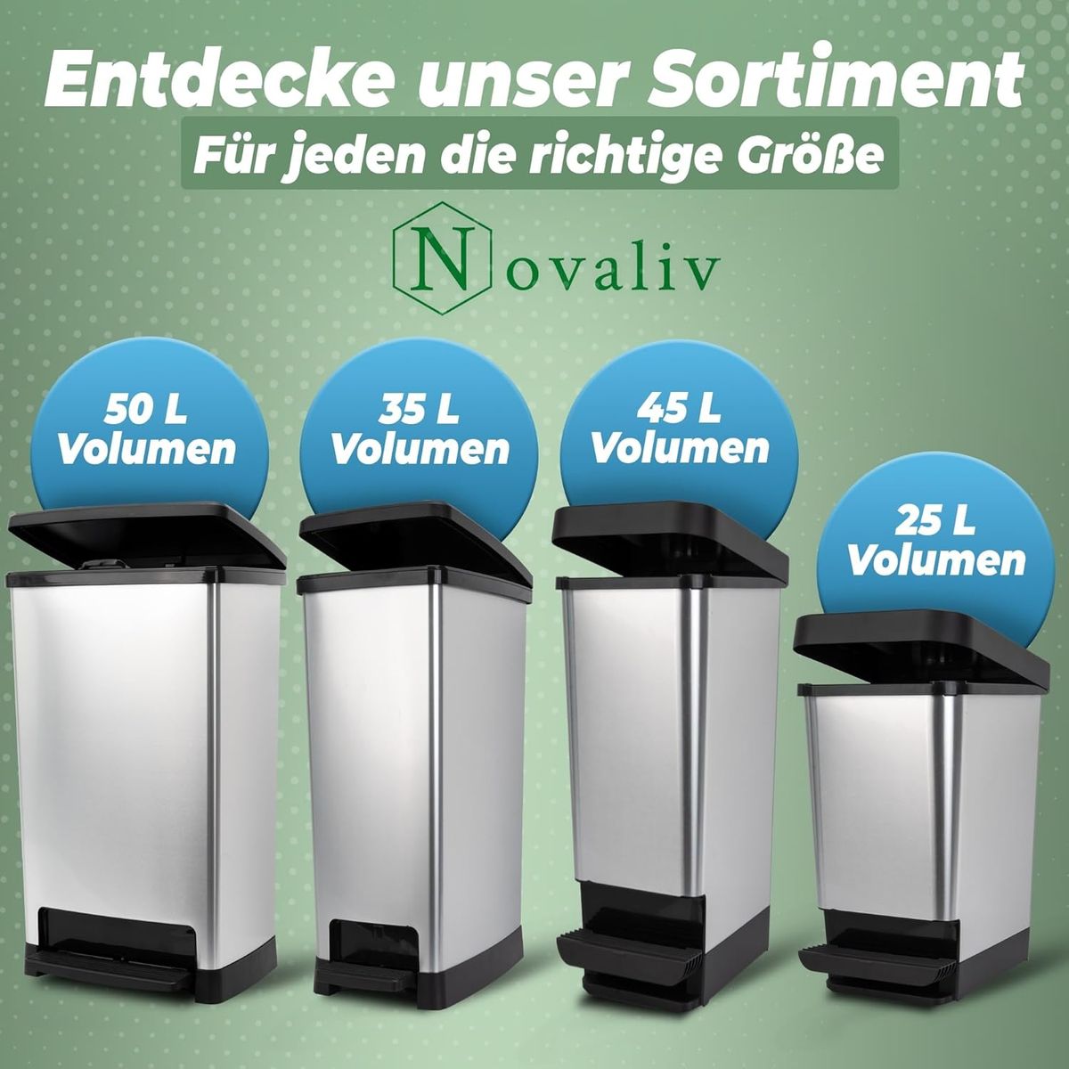 Novaliv Großer Mülleimer mit Deckel - 50L Tretmülleimer mit Soft-Close-System - Stabiler Abfalleimer mit Deckel & Fußpedal - Geruchsdichter Mülleimer Küche u.v.m