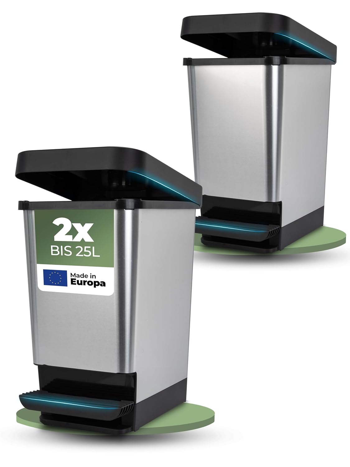 Novaliv 2x M&uuml;lleimer mit Deckel - 25L Tretm&uuml;lleimer - Stabiler Abfalleimer mit Deckel & Fu&szlig;pedal - Geruchsdichter M&uuml;lleimer K&uuml;che u.v.m - Treteimer M&uuml;llbeh&auml;lter 