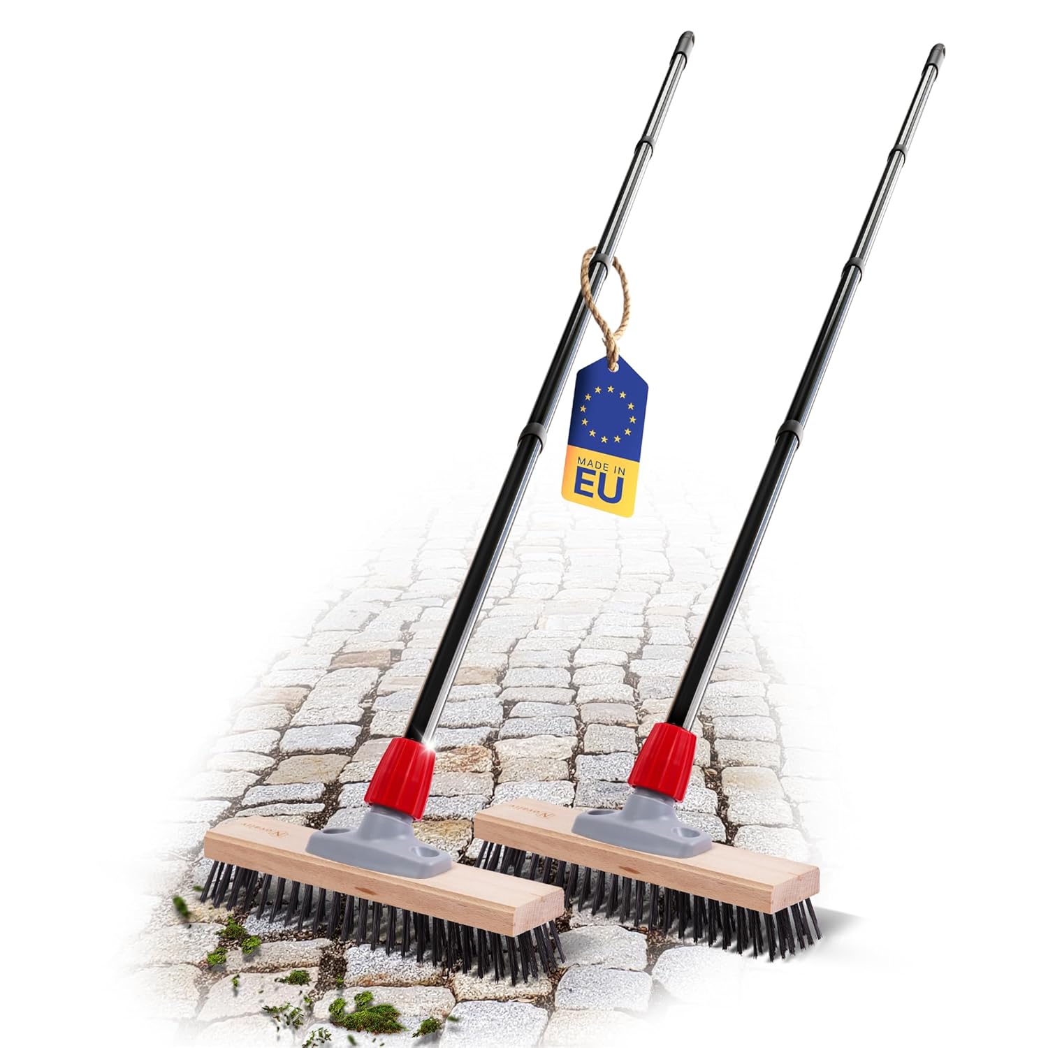 Novaliv 2X Robuster Drahtb&uuml;rste mit Stiel Basic Stahlbesen mit 4tlg Stiel Effiziente Moosentfernung Stra&szlig;enbesen f&uuml;r Pflastersteine & Garten Stahlbesen Mooskratzer Pizzabesen Pizzastein B&uuml;rste 