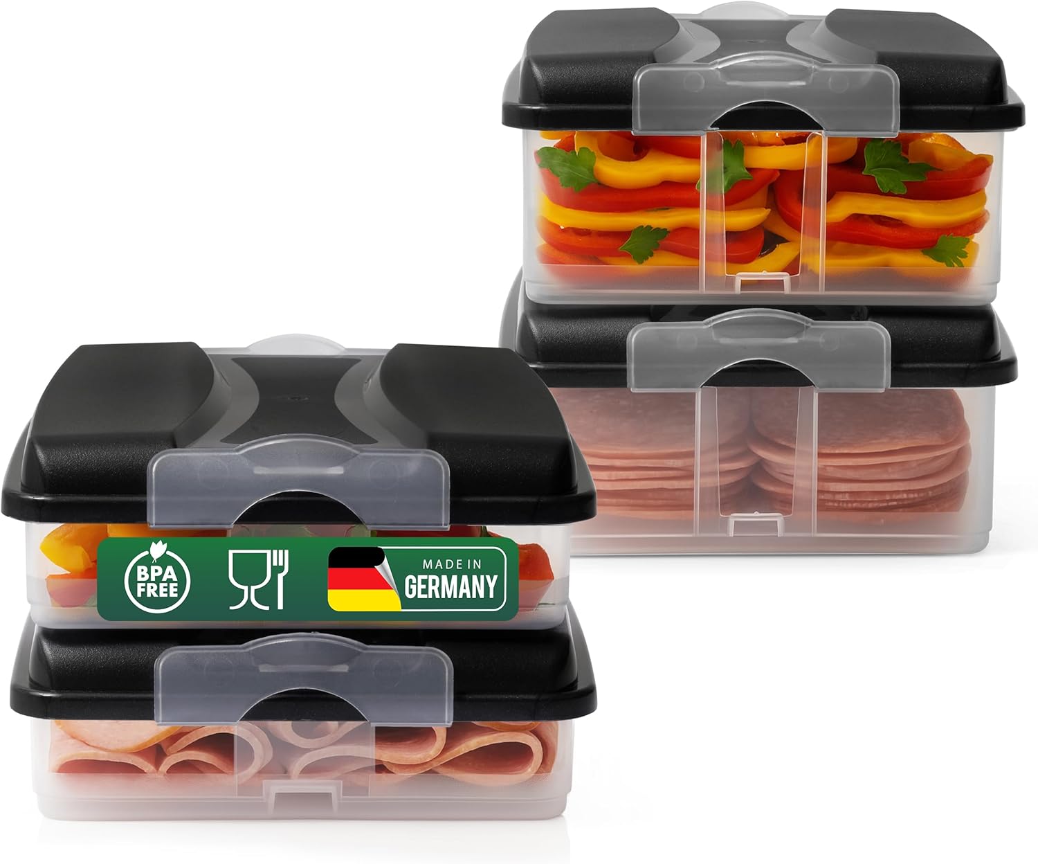 Novaliv Frischhaltedosen (2x klein + 2x gro&szlig; + 4x Deckel) , stapelbar f&uuml;r K&uuml;hlschrank & Gefrierfach , Vorratsdosen Set Aufbewahrungsbox Organizer , f&uuml;r Aufschnitt Wurst K&auml;se Obst Gem&uuml;se Meal-Prep 