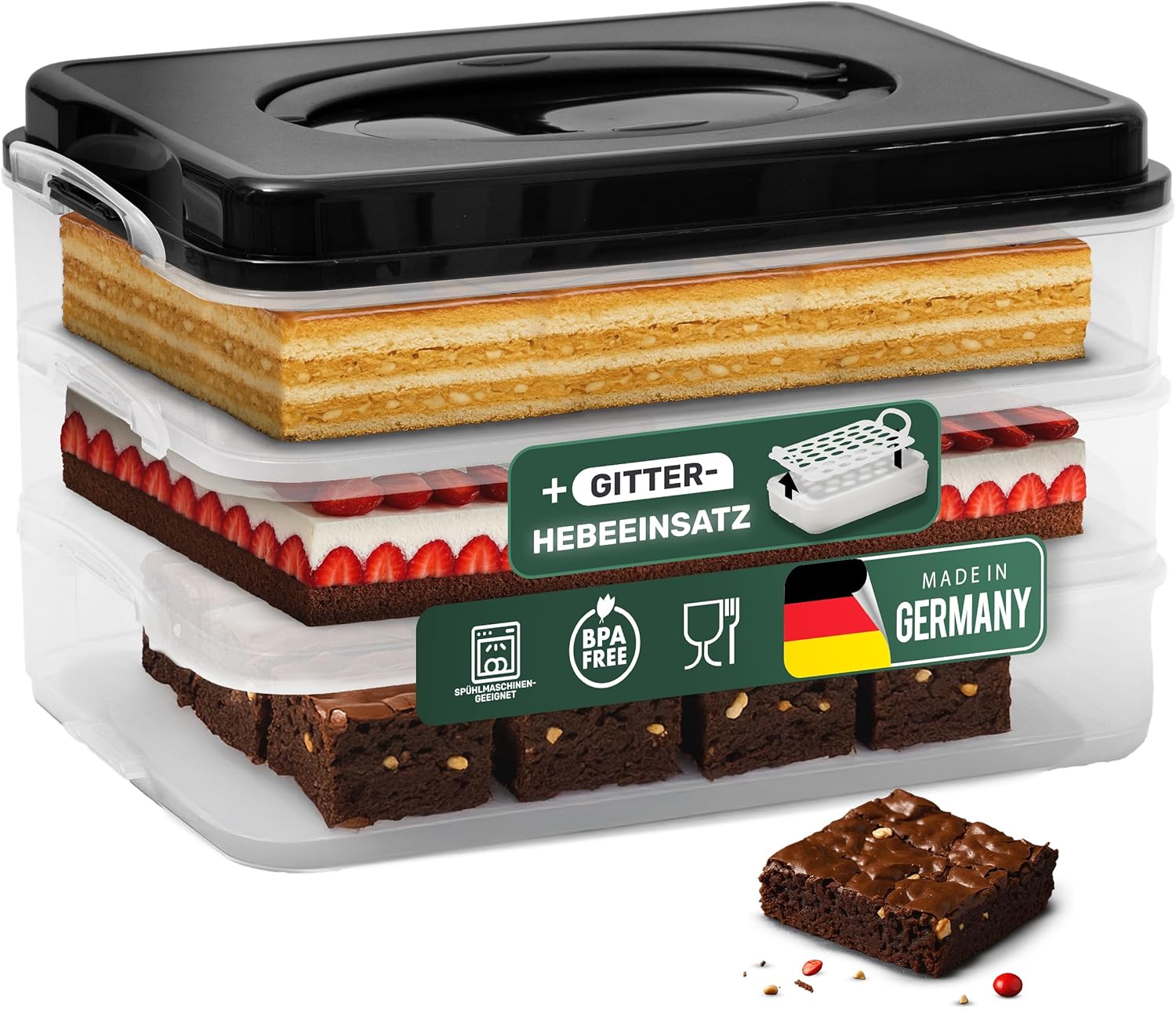Novaliv Kuchen-Transportbox mit drei Etagen und Deckel und Einlage (Rechteckig 40 x 30 cm) Aufbewahrungsbox mit Sicherheitsverschluss Party-Box Container Tortentransportbox Tortenbeh&auml;lter 